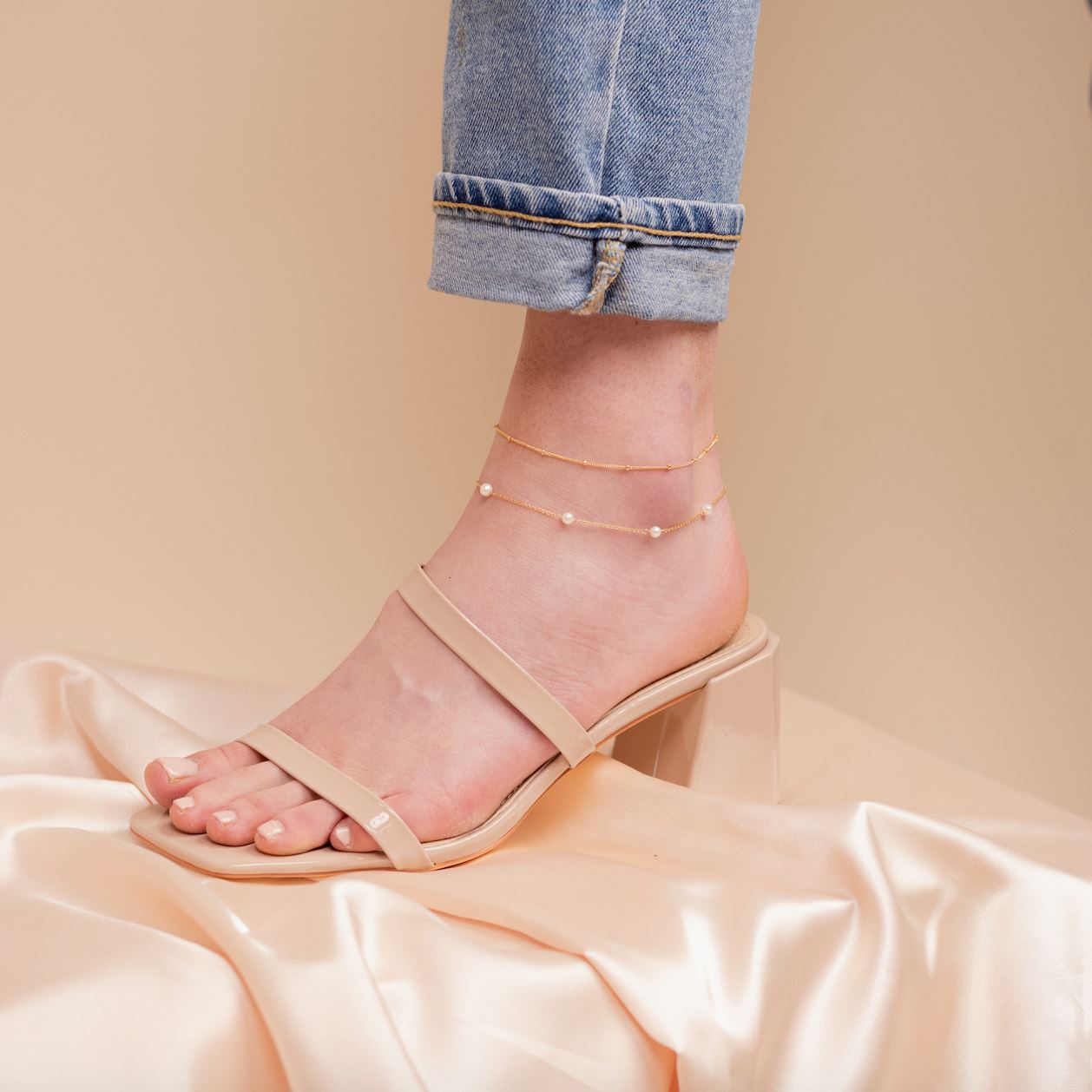 Dainty gold Pearl Anklet Set handmade by Katie Dean Jewelry in America, includes one Pearl Anklet and one Beaded Anklet