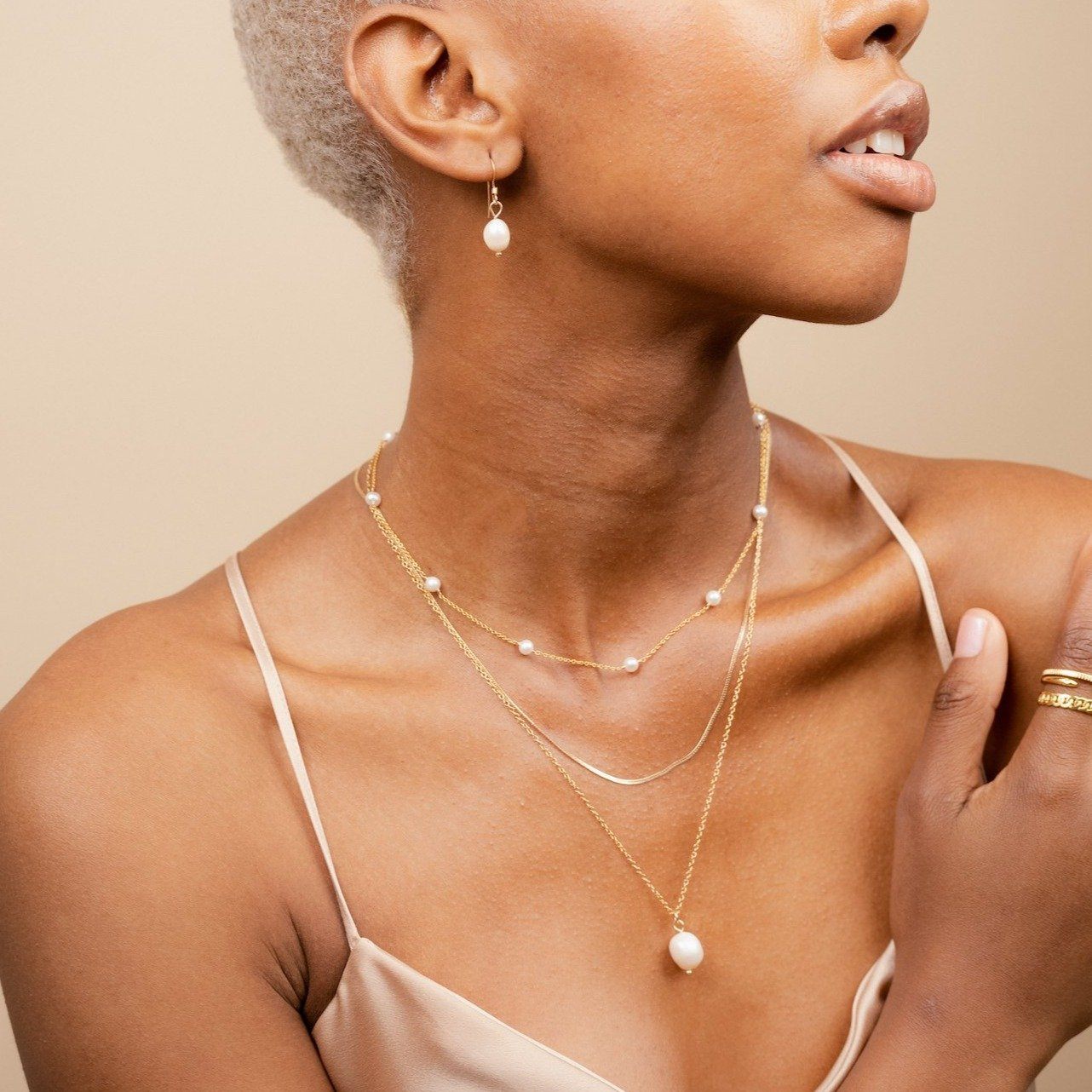 Dainty gold long Pearl Pendant Necklace, Pearl collection, handmade in America by Katie Dean Jewelry