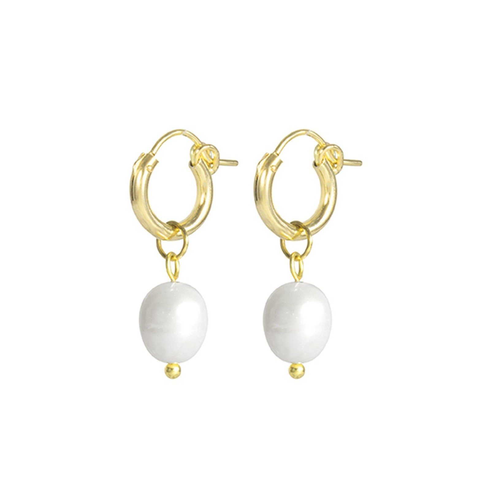 Dainty gold Pearl Hoops made by Katie Dean Jewelry in America