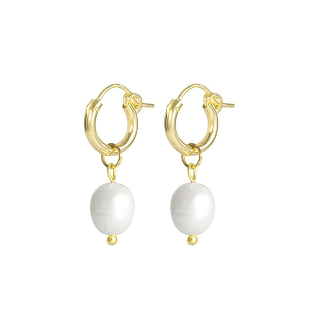 Dainty gold Pearl Hoops made by Katie Dean Jewelry in America