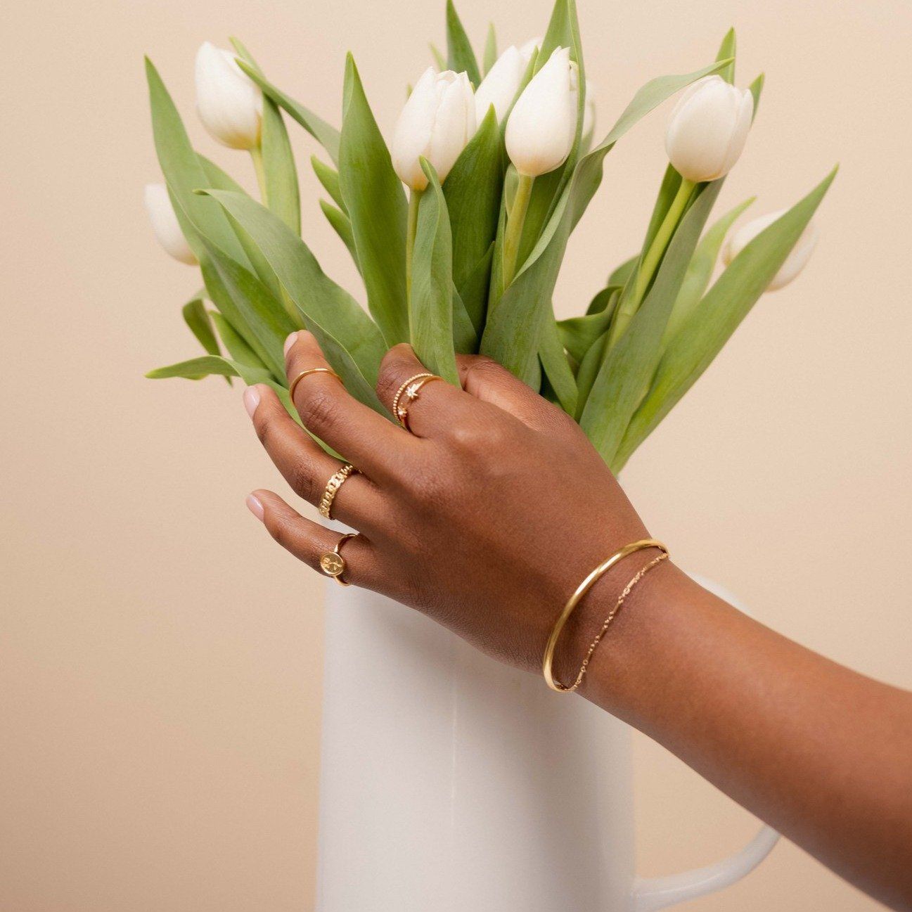 Rose Ring, Figaro Chain Ring, Little Dipper Ring, Beaded Ring, Dainty gold bracelets featuring the Linked Bracelet and Claw cuff Bracelet, Classic Bracelet Set handmade by Katie Dean Jewelry-73