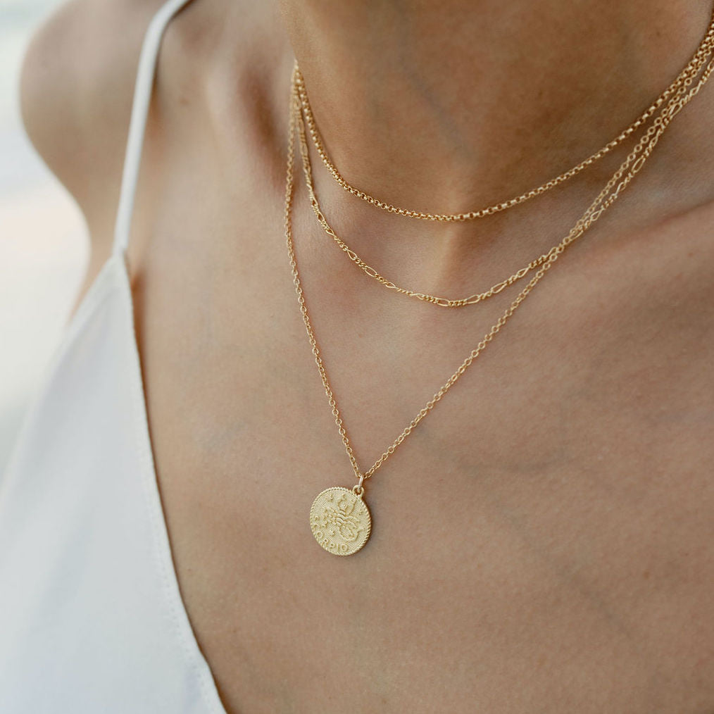 Scorpio Zodiac Necklace_Oct 23-Nov 22_Katie Dean Jewelry_horoscope sign_Zodiac Collection, dainty handmade necklaces_gold rolo choker_Figaro Chain Choker