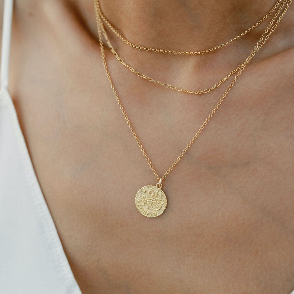 Scorpio Zodiac Necklace_Oct 23-Nov 22_Katie Dean Jewelry_horoscope sign_Zodiac Collection, dainty handmade necklaces_gold rolo choker_Figaro Chain Choker