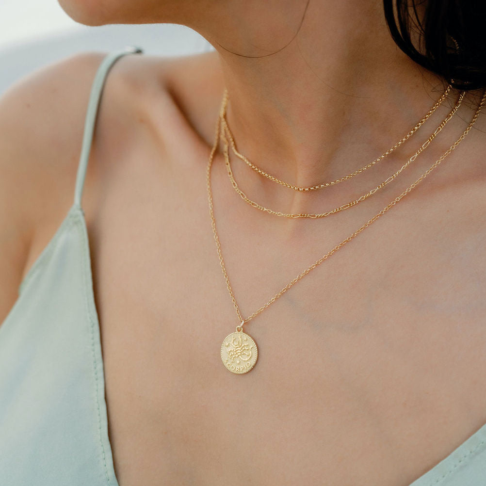 Scorpio Zodiac Necklace_Oct 23-Nov 22_Katie Dean Jewelry_horoscope sign_Zodiac Collection, dainty handmade necklaces_Gold Rolo_Figaro Chain Choker