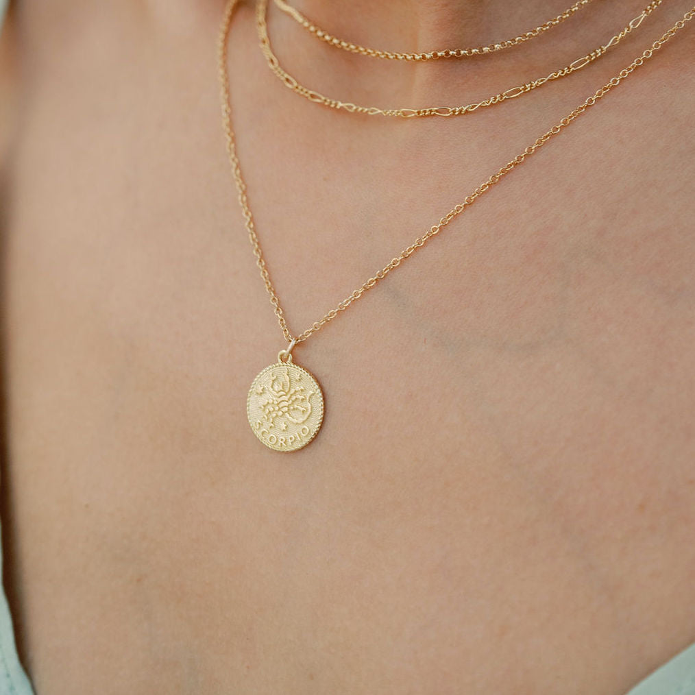 Scorpio Zodiac Necklace_Oct 23-Nov 22_Katie Dean Jewelry_horoscope sign_Zodiac Collection, dainty handmade necklaces_Gold Rolo_Figaro Chain Choker
