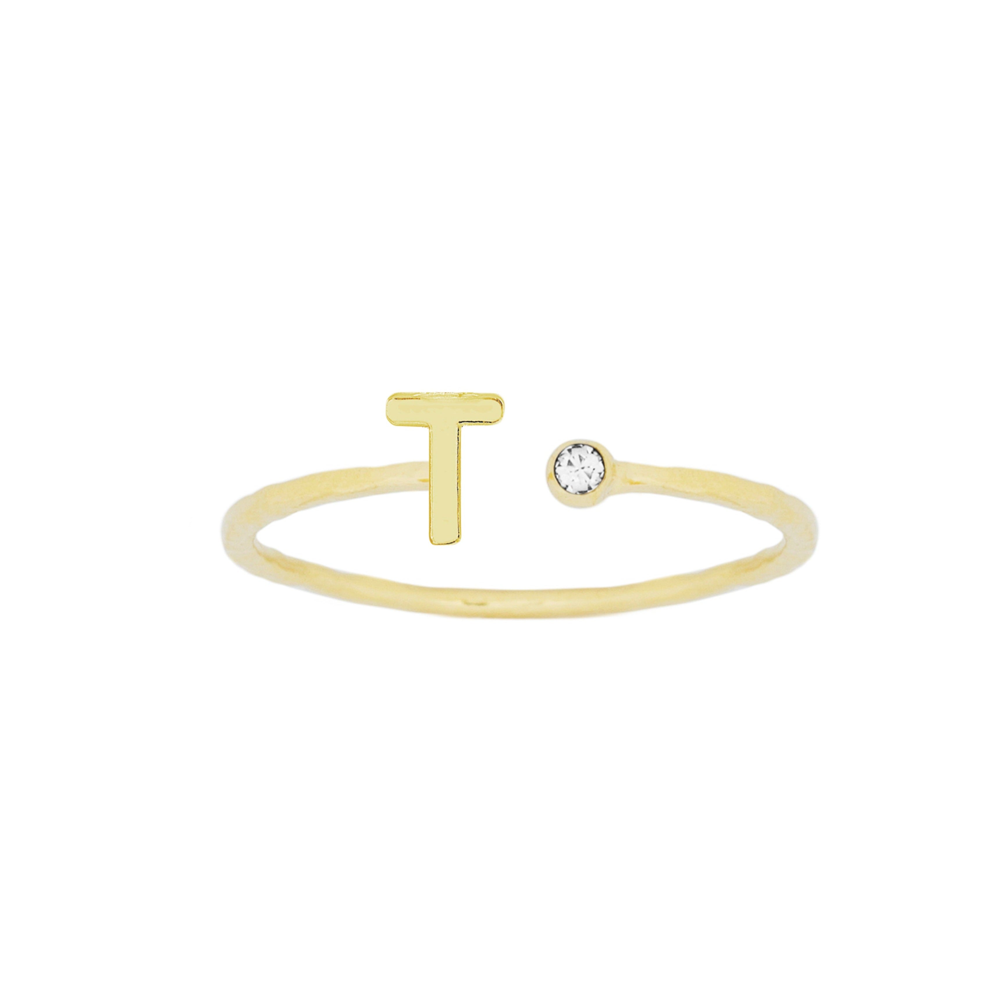 Dainty Gold Initial Ring handmade in America by Katie Dean Jewelry, stacking minimalist ring.