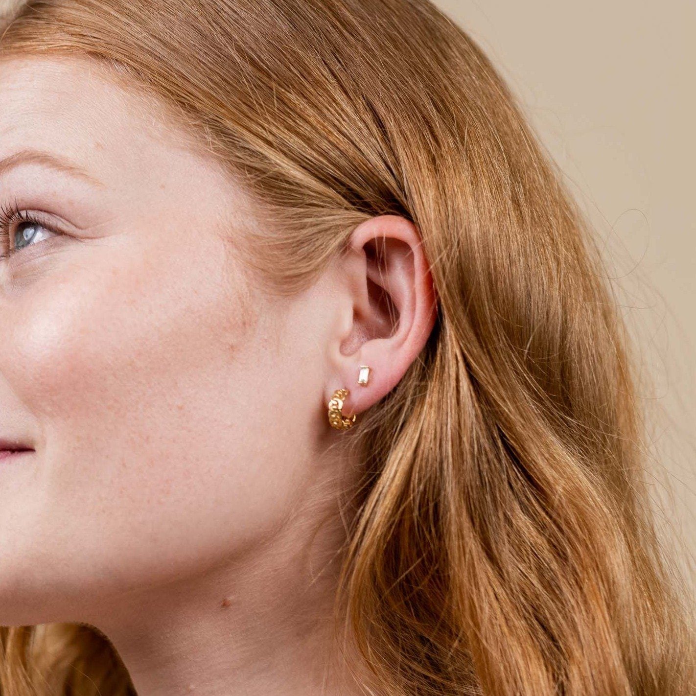 Timeless Earring Set_Baguette Studs_Figaro Chain Hoops_Handmade in America by Katie Dean Jewelry