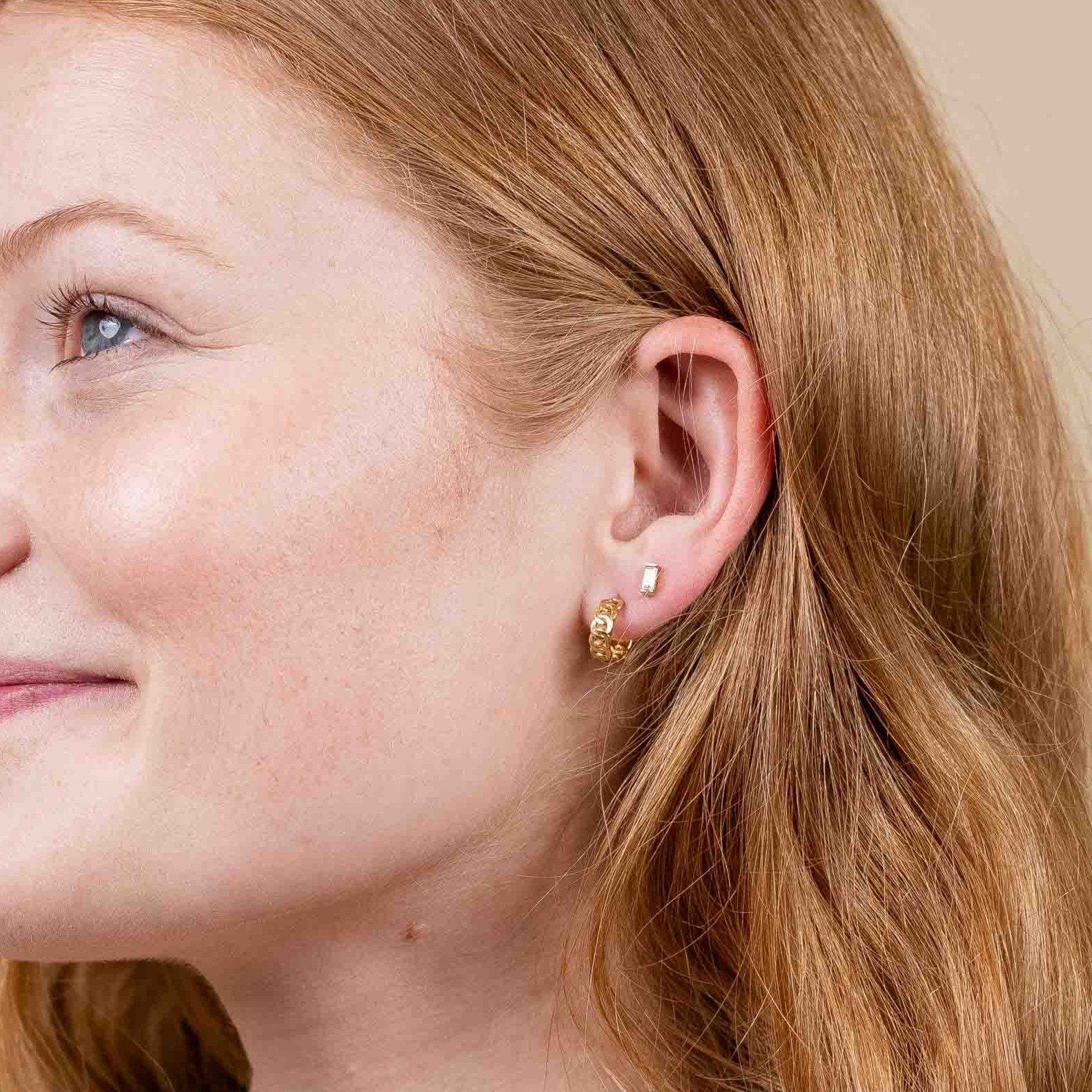 Timeless Earring Set_Baguette Studs_Figaro Chain Hoops_Handmade in America by Katie Dean Jewelry