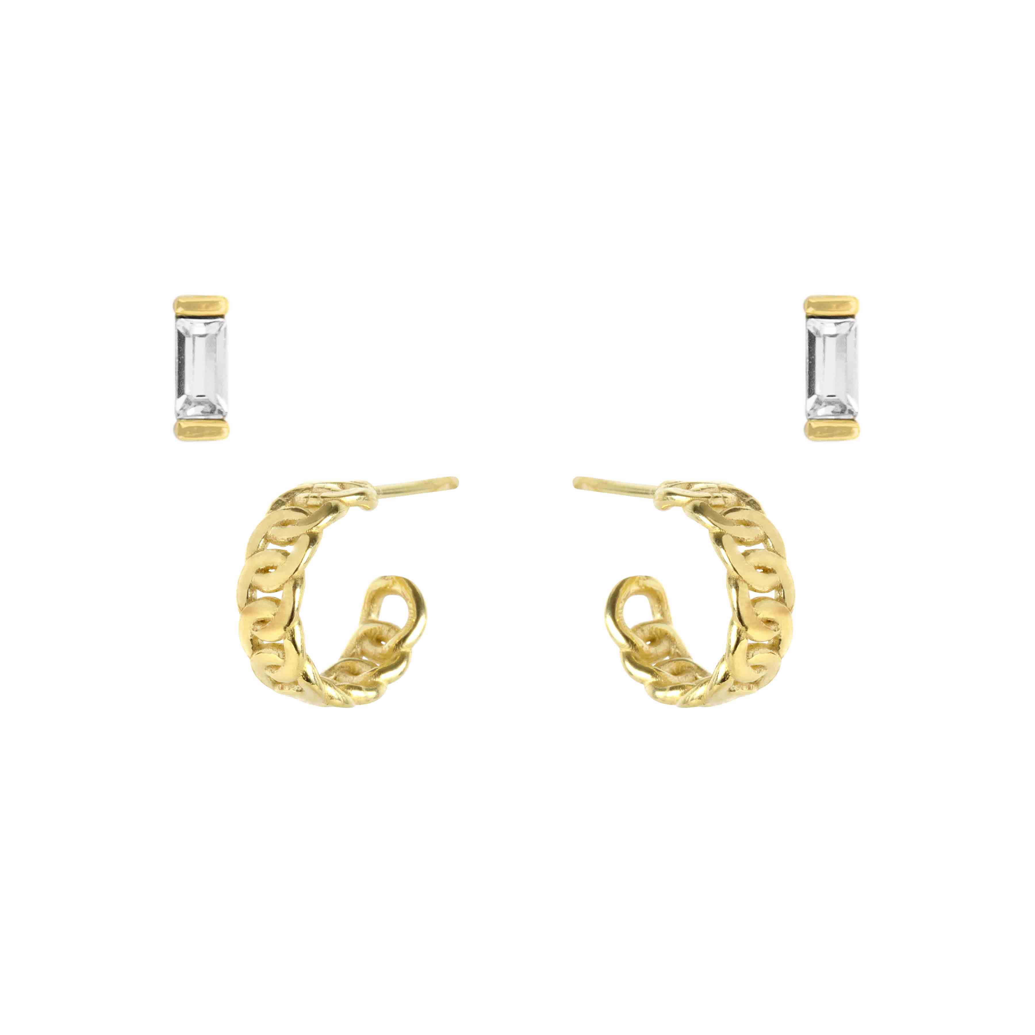 The Timeless Earring Set comes with one pair of Baguette Stud and one pair of Figaro Chain Hoop Studs