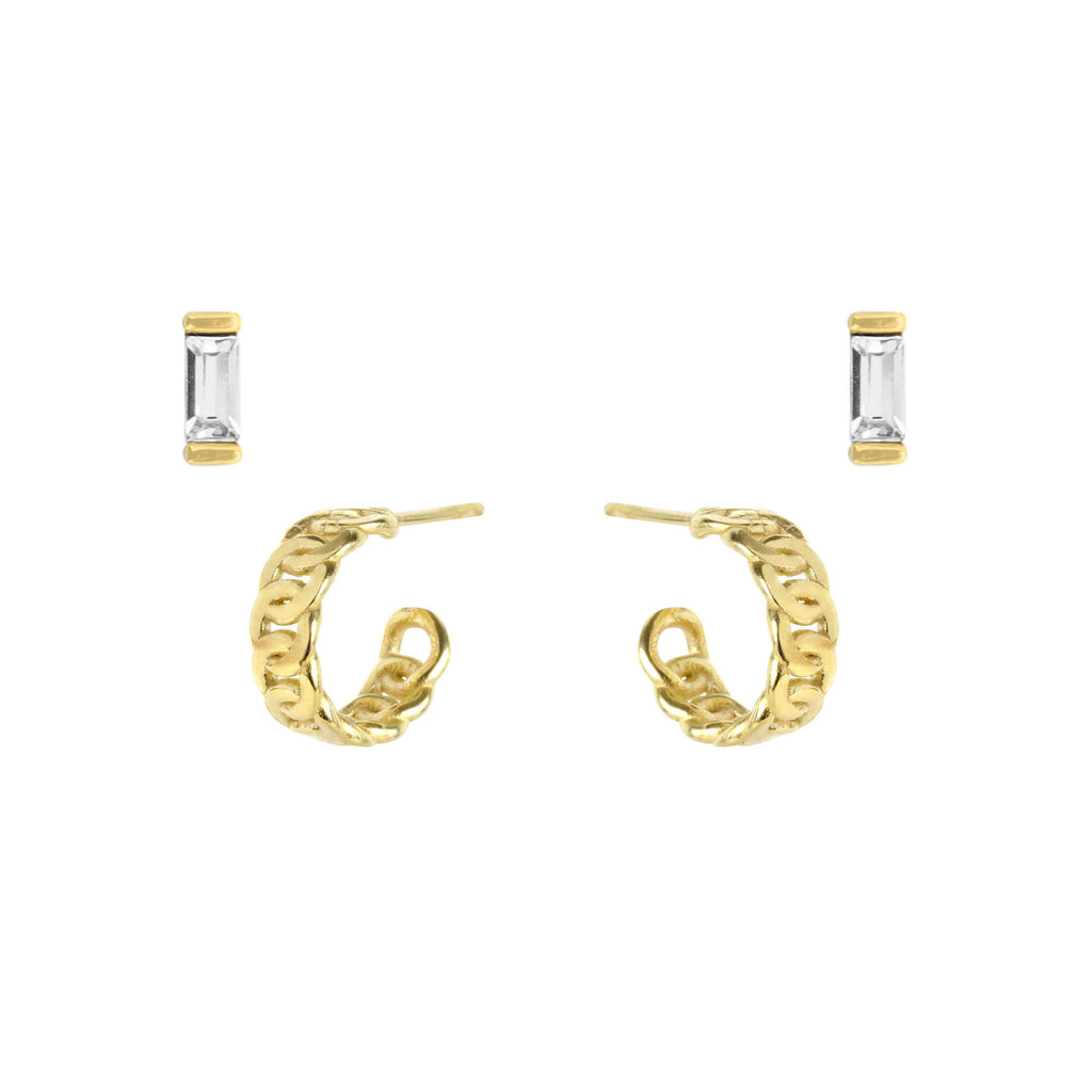 The Timeless Earring Set comes with one pair of Baguette Stud and one pair of Figaro Chain Hoop Studs
