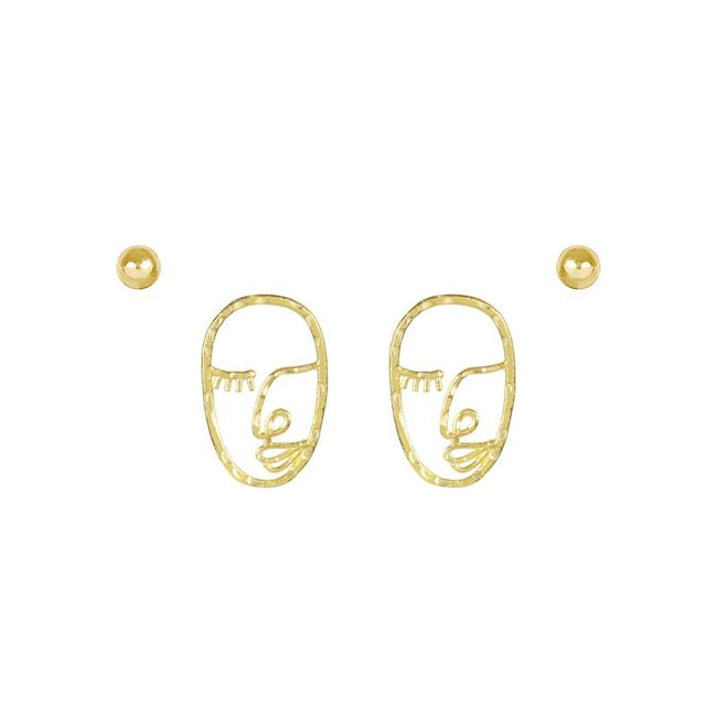 Picture of the Beaded gold stud earring and the Artist Face Earring inspired by Matisse and Picasso. Handmade in California by Katie Dean Jewelry. Nickel free and hypoallergenic.