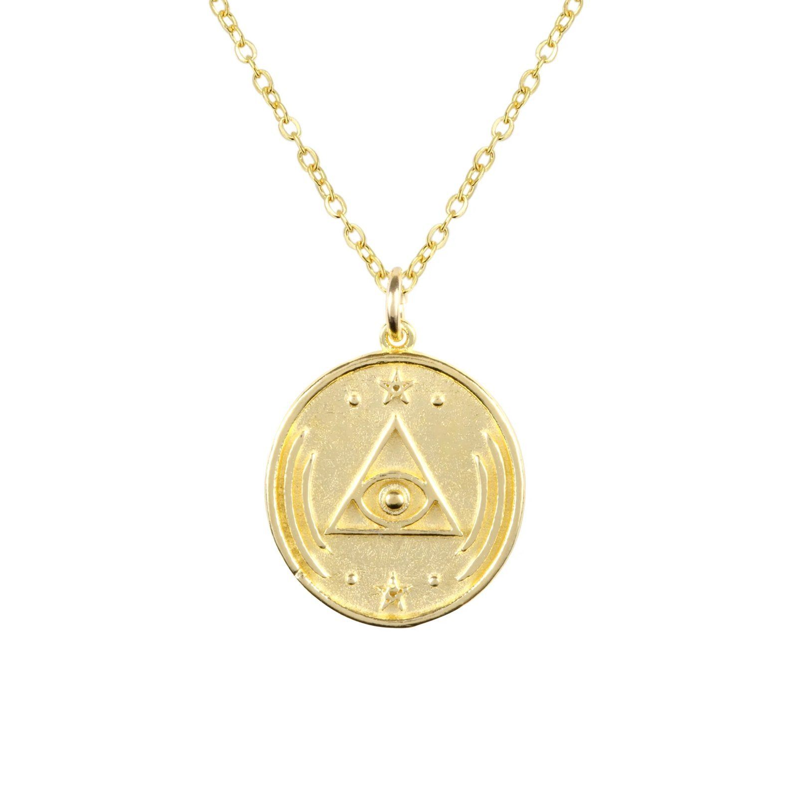 Gold and dainty All Seeing Eye Necklace against a white background, circular in shape with a triangle and eye design in the middle of the charm.