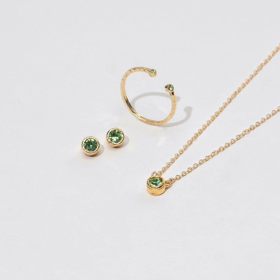 08 August Birthstone Collection_Peridot August Birthstone Necklace, Earrings and Ring, handmade in America by katie dean jewelry gold minimal layering pieces