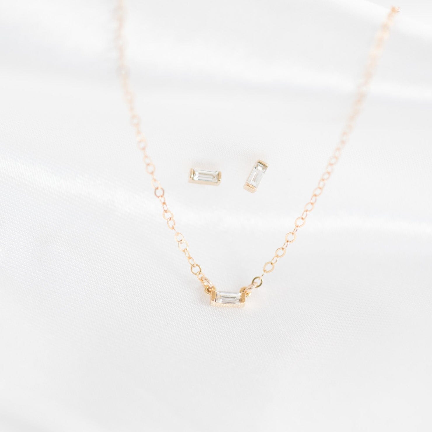 Shop Elegant Baguette Necklace and nickel-free Baguette Studs with a Swarovski Crystal made in America by Katie Dean Jewelry