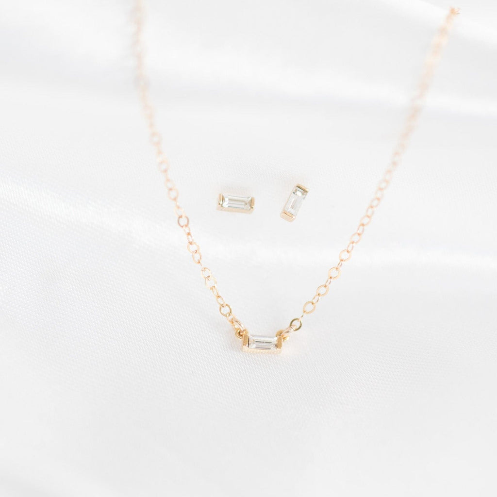 Shop Elegant Baguette Necklace and nickel-free Baguette Studs with a Swarovski Crystal made in America by Katie Dean Jewelry