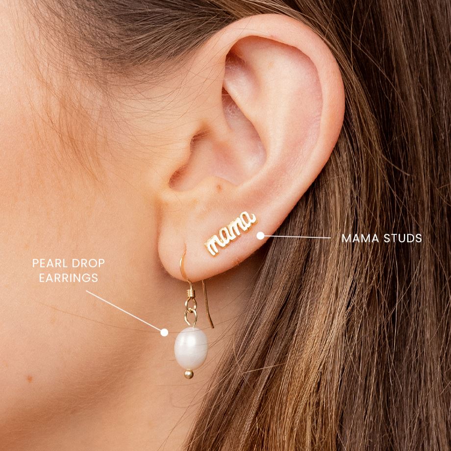 Dainty gold Pearl Drop Earrings layered with the Mama Studs, handmade in America by Katie Dean Jewelry