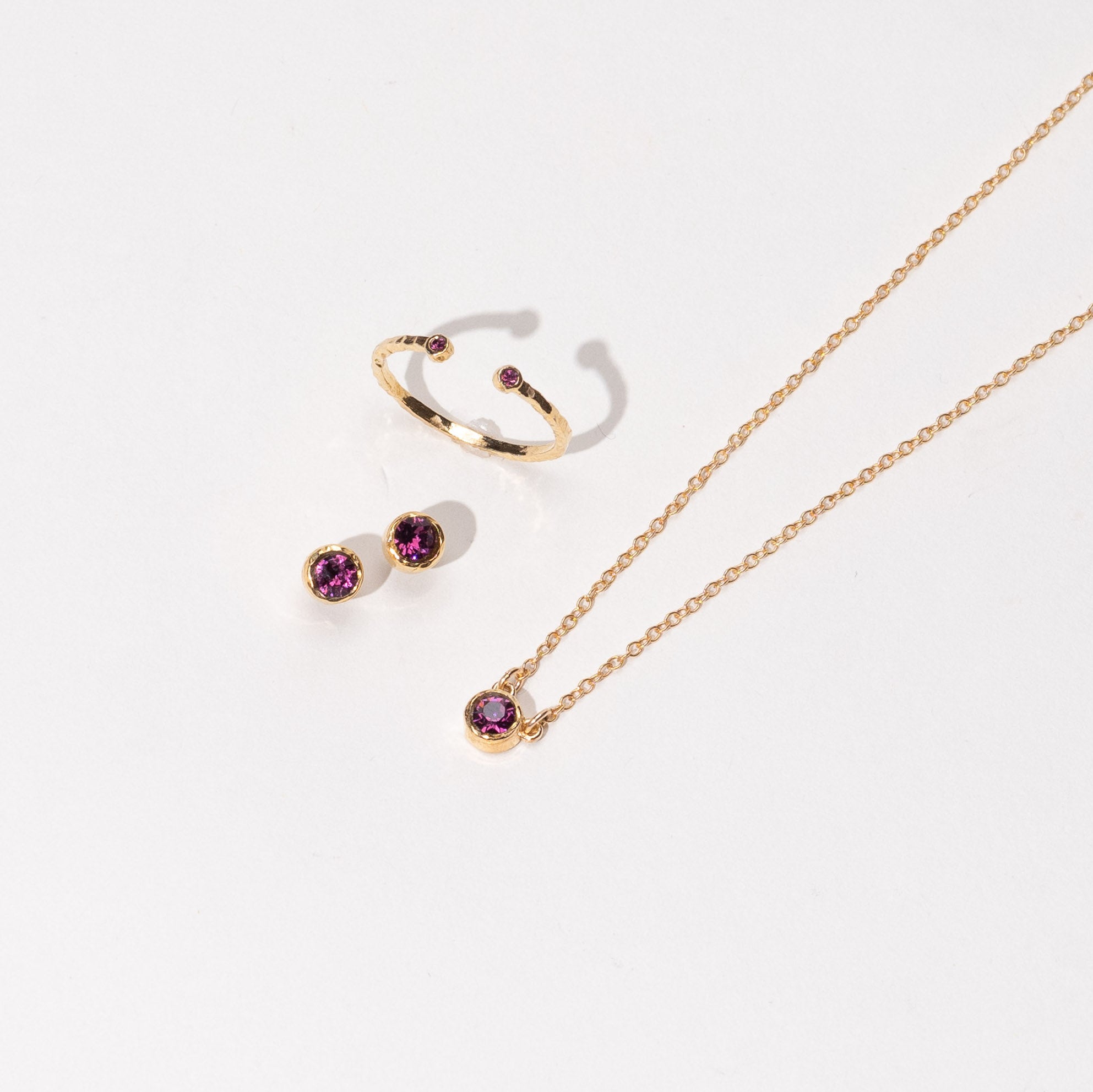 February Birthstone Amethyst_Ring, Necklace and Earrings_dainty gold jewelry ethically made in America by Katie Dean Jewelry