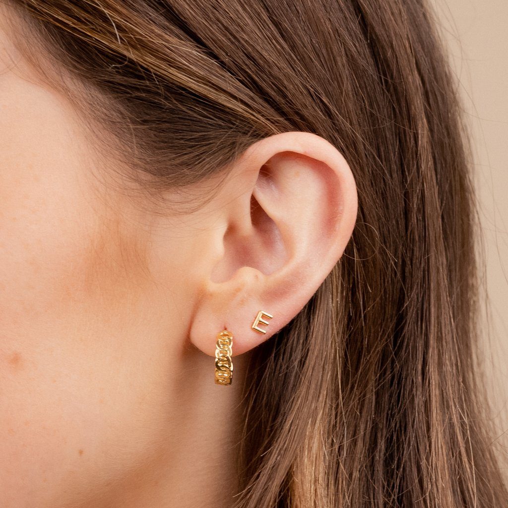 Figaro Chain Hoops and Initial Stud, dainty gold earrings by Katie Dean Jewelry made in America