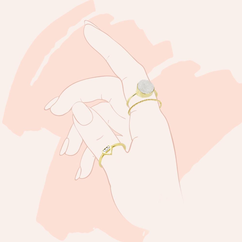 A drawing of a hand with ring on thumb and fingers on pink background.