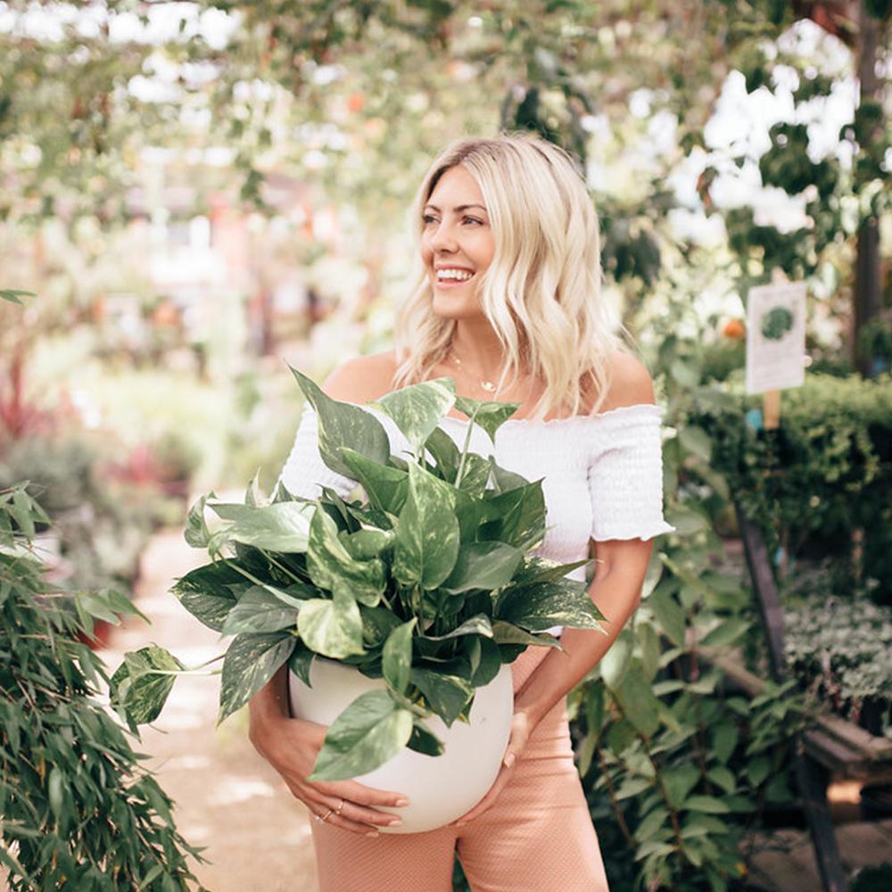 Katie Dean holding a plant in the middle of a green house.