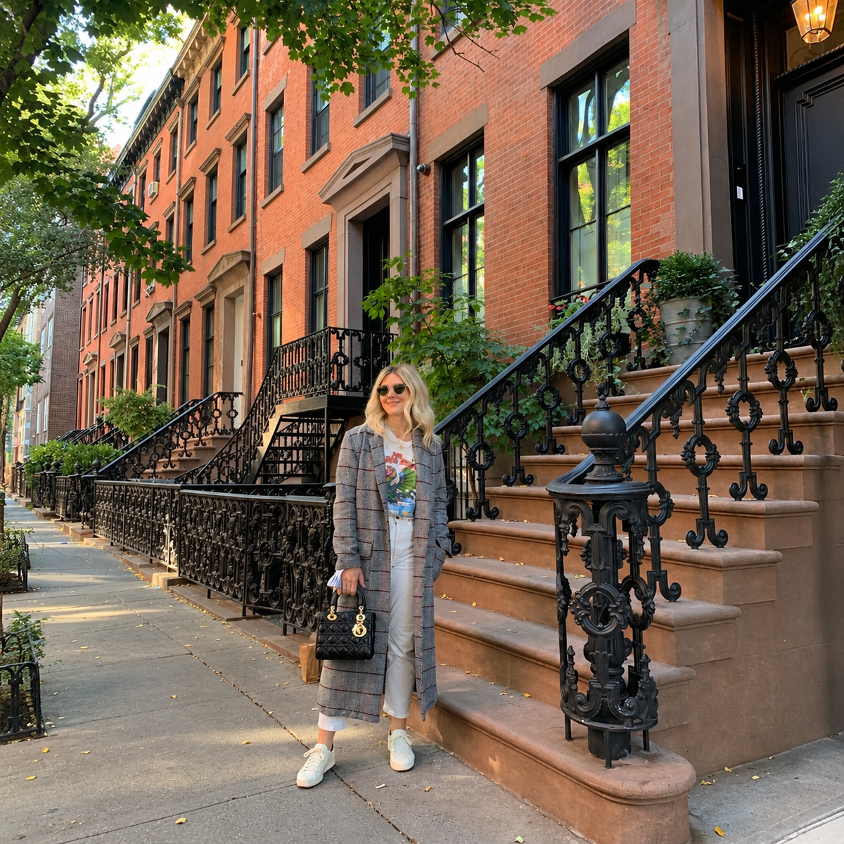 Katie Dean wearing sunglasses and a long plaid coat while standing beside a brownstone staircase on a tree-lined New York City street.