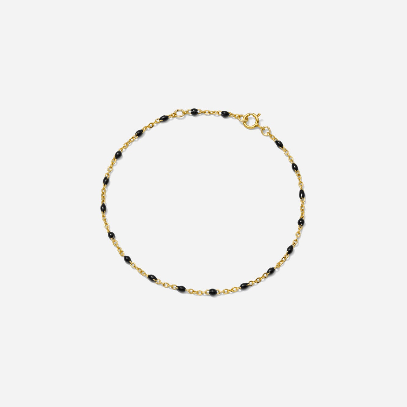Enamel Chain Bracelet, black enamel beads on gold chain, shown on a white background hand assembled by Katie Dean Jewelry in clearwater, FL.