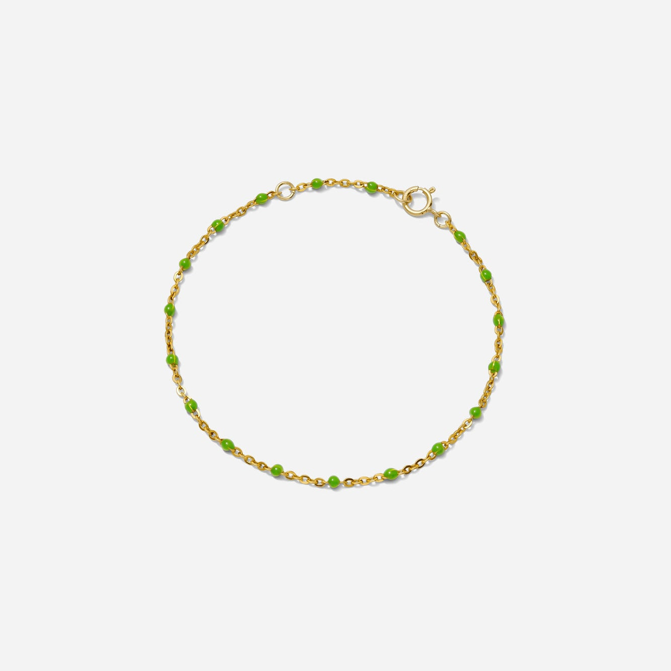 Enamel Chain Bracelet, peridot green enamel beads on gold chain, shown on a white background hand assembled by Katie Dean Jewelry in clearwater, FL.