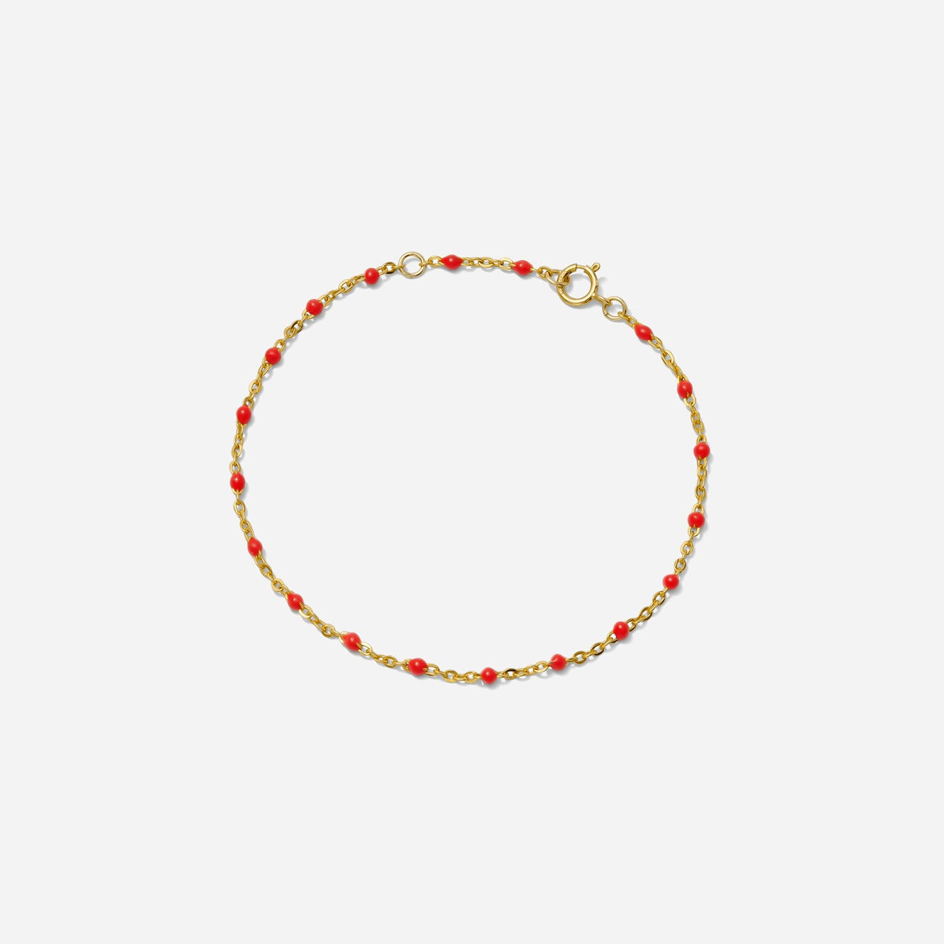 Enamel Chain Bracelet, red enamel beads on gold chain, shown on a white background hand assembled by Katie Dean Jewelry in clearwater, FL.
