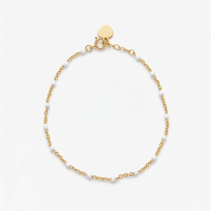 Enamel Chain Bracelet, white enamel beads on gold chain, shown on a white background hand assembled by Katie Dean Jewelry in clearwater, FL.