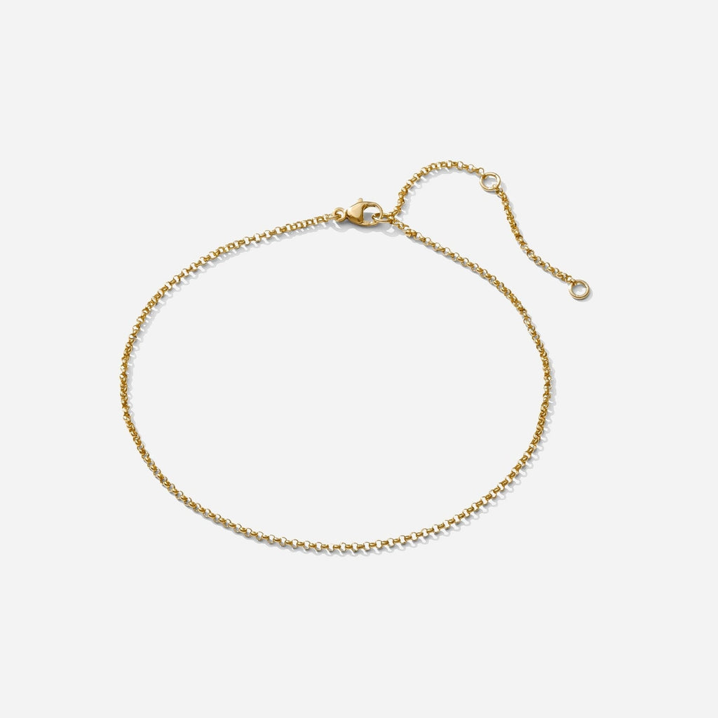The Gold Rolo Anklet as seen on a white background by Katie Dean Jewelry. Made in America.