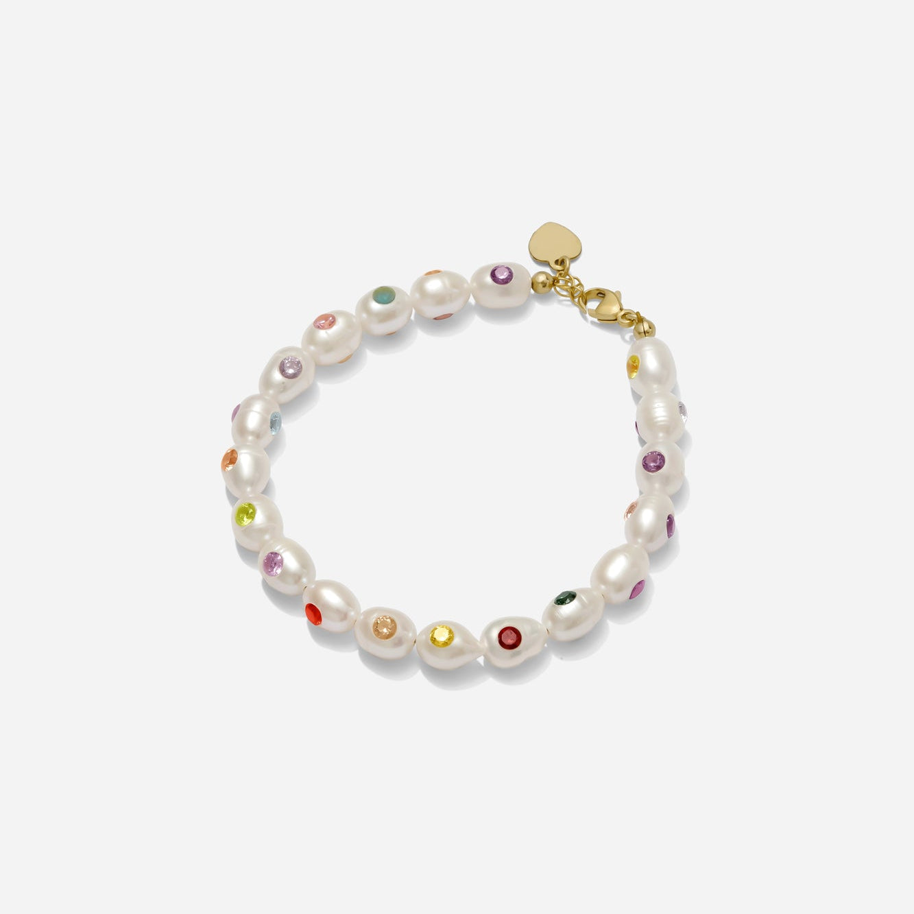 Freshwater pearl bracelet featuring rainbow crystal accents handmade by Katie Dean Jewelry in Clearwater, Florida.