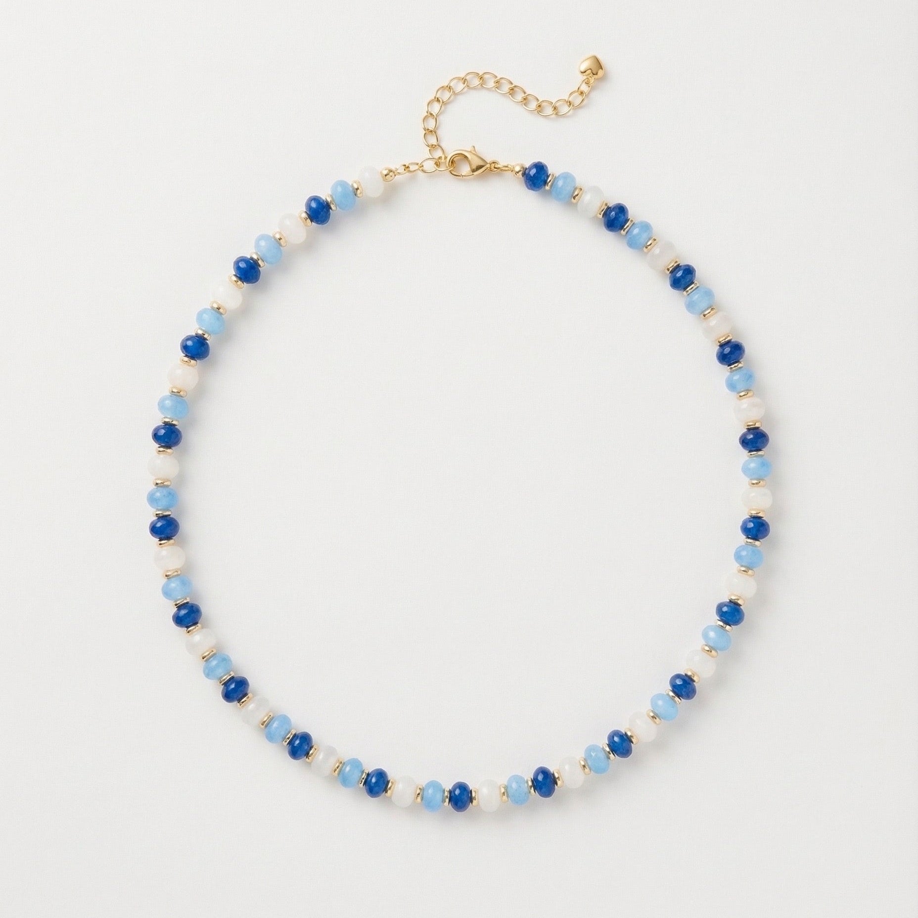 Santorini Beaded Necklace with blue and white semi-precious gemstone beads and gold-filled accents.