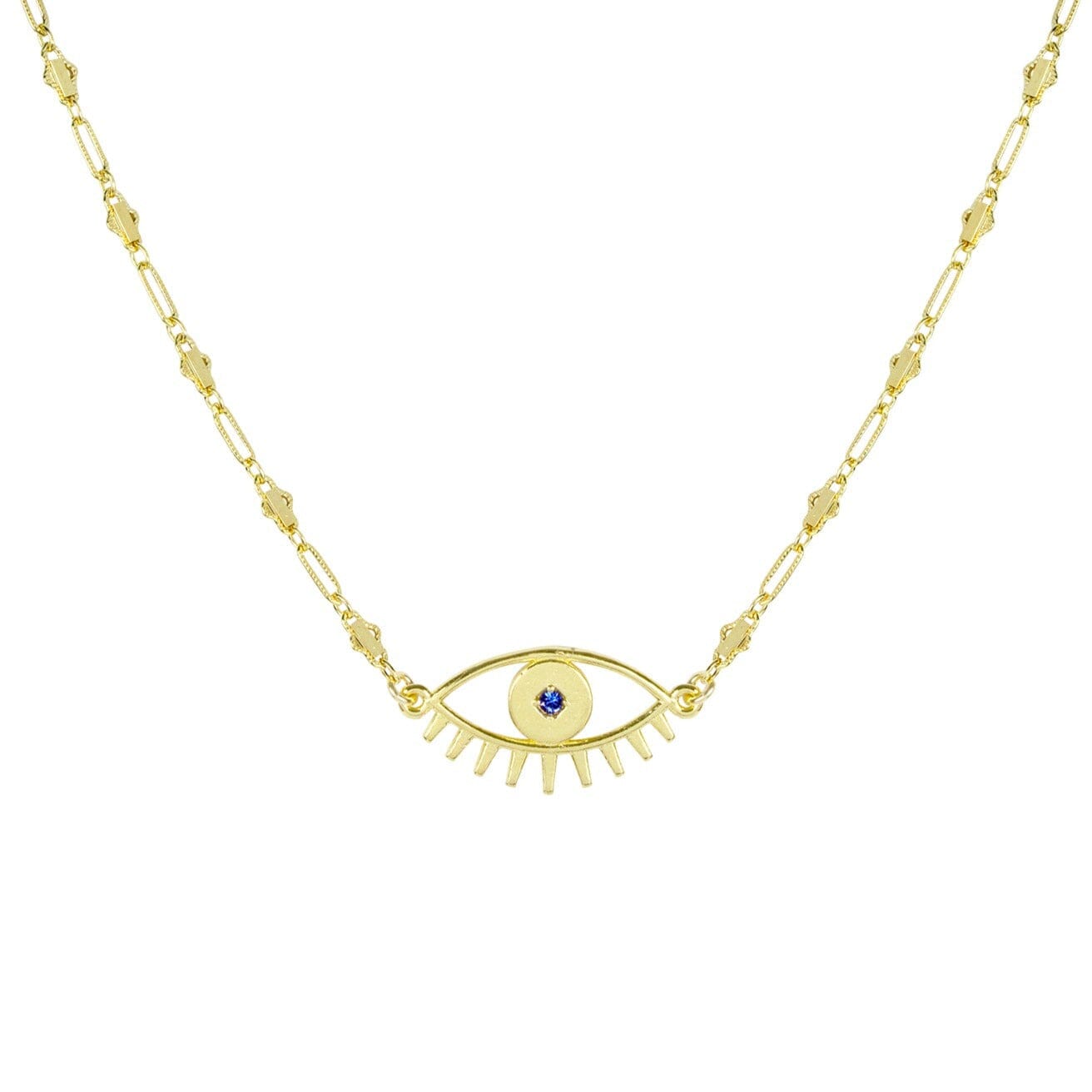 Gold Evil Eye Necklace with blue stone shown on a white background.
