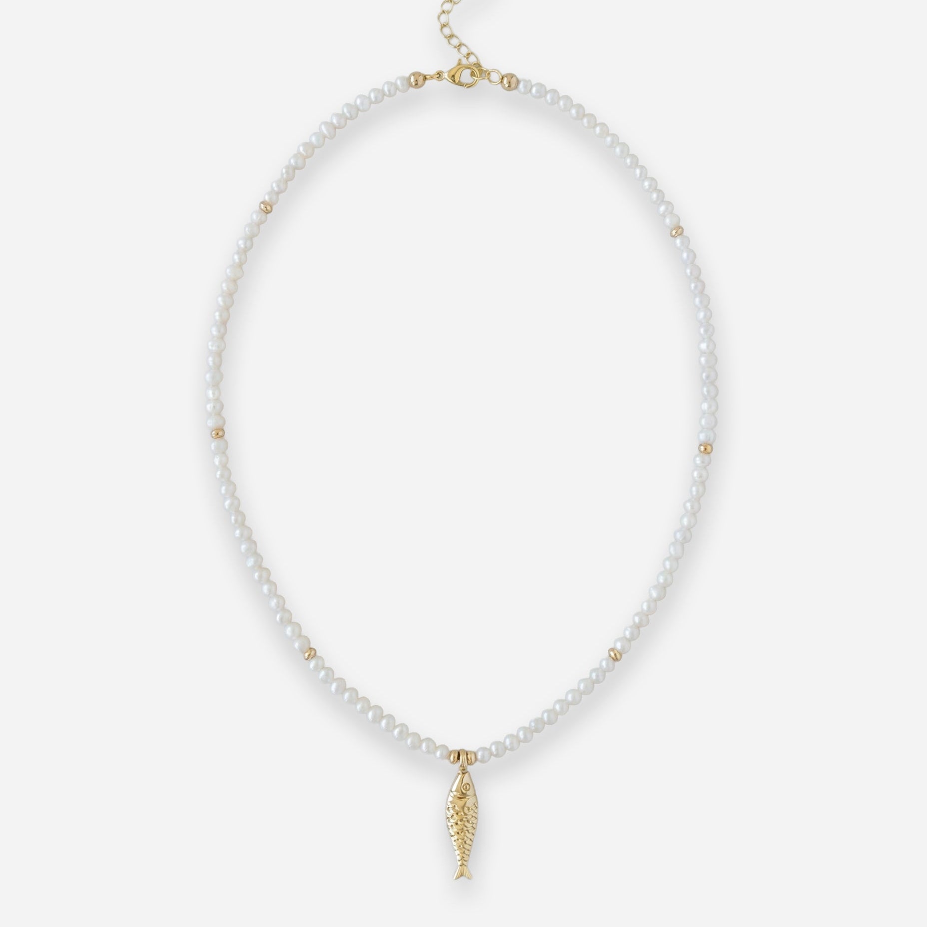 Pearl necklace with a gold accent on a white background