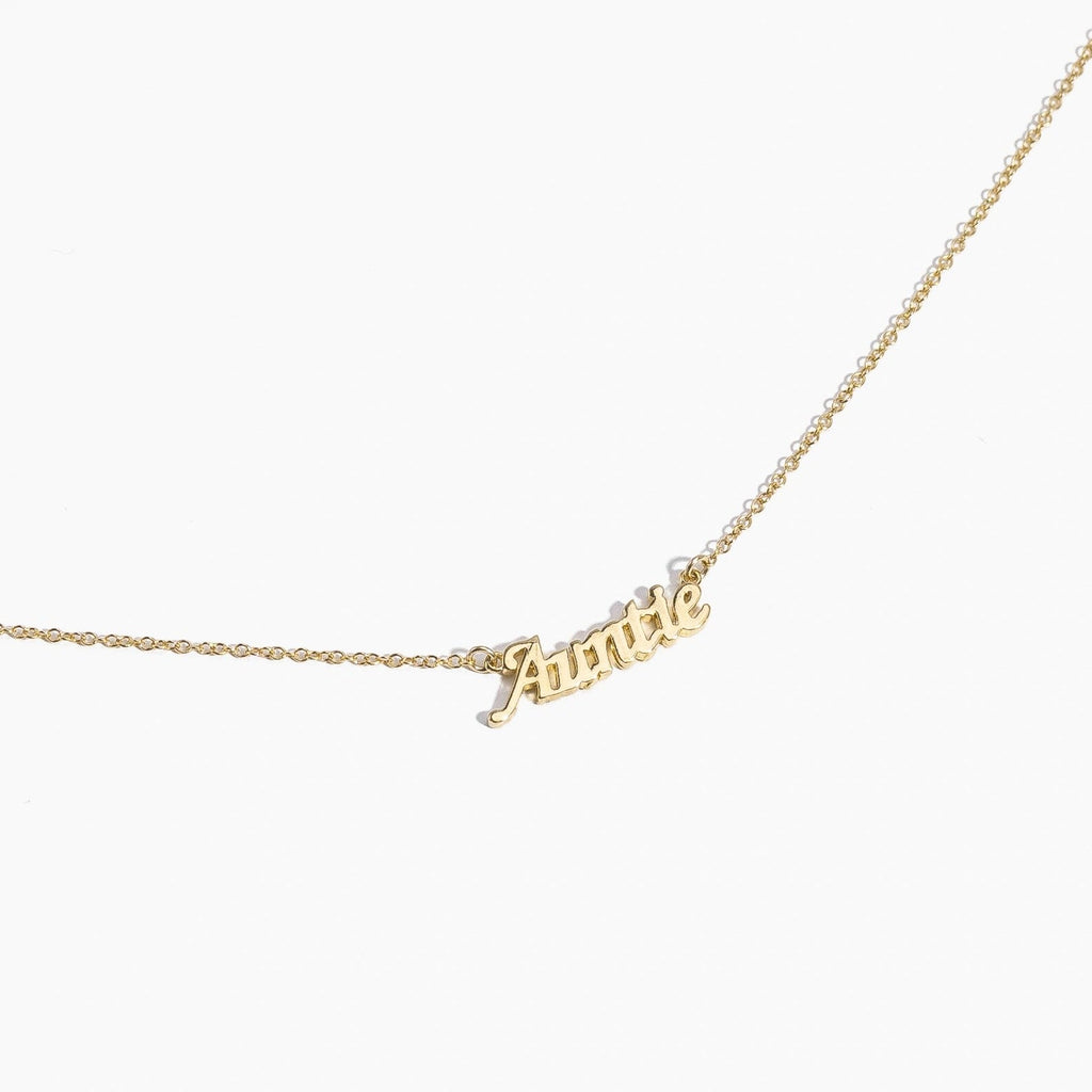 Gold Auntie Necklace by Katie Dean Jewelry, made in America, perfect for the dainty minimal jewelry lovers 