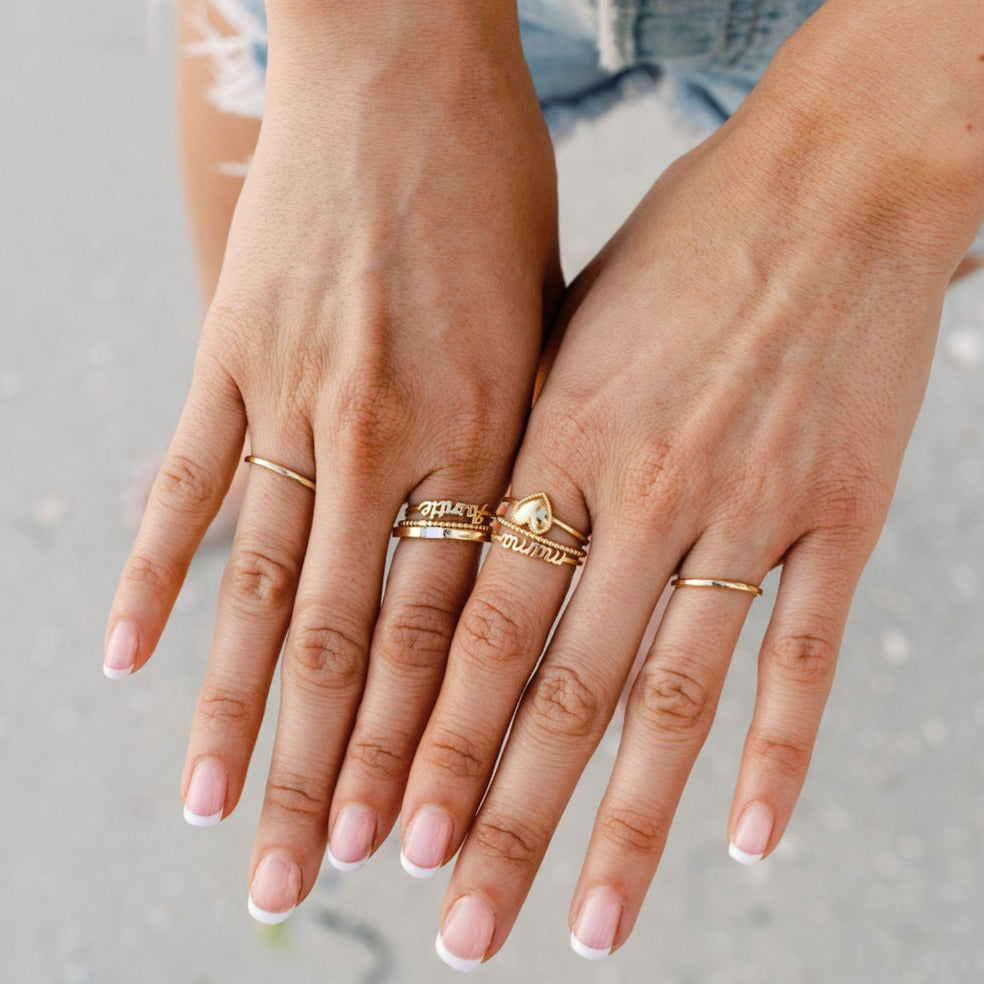 Auntie Ring_Baguette Ring_Beaded Ring_Katie Dean Jewelry_handmade in America_dainty minimal stacking rings