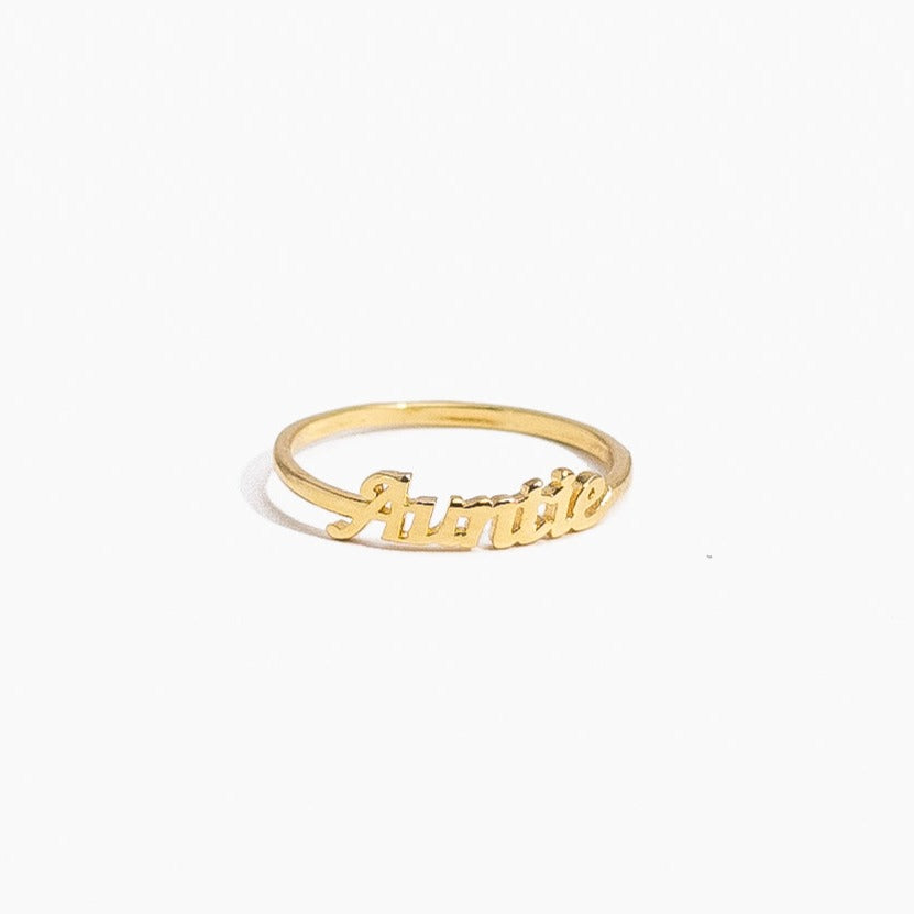 Dainty, delicate gold Auntie stacking ring, made in America by Katie Dean Jewelry