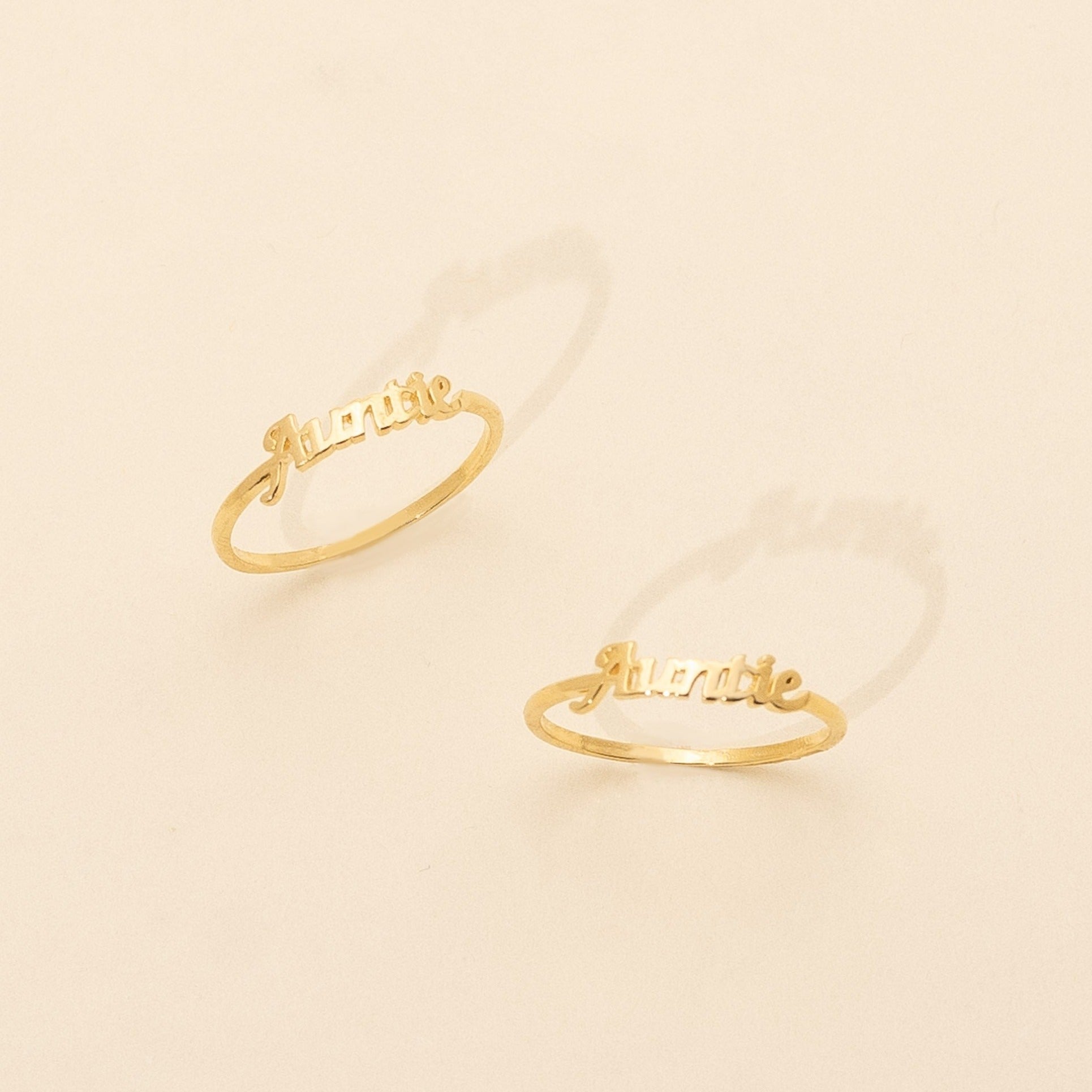 Dainty, delicate gold Auntie stacking ring, made in America by Katie Dean Jewelry