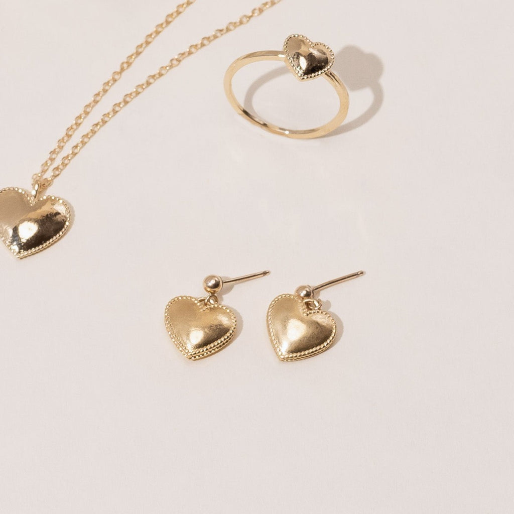 Beaded Heart studs, handmade in America by Katie Dean Jewelry, dainty gold hypoallergenic earrings