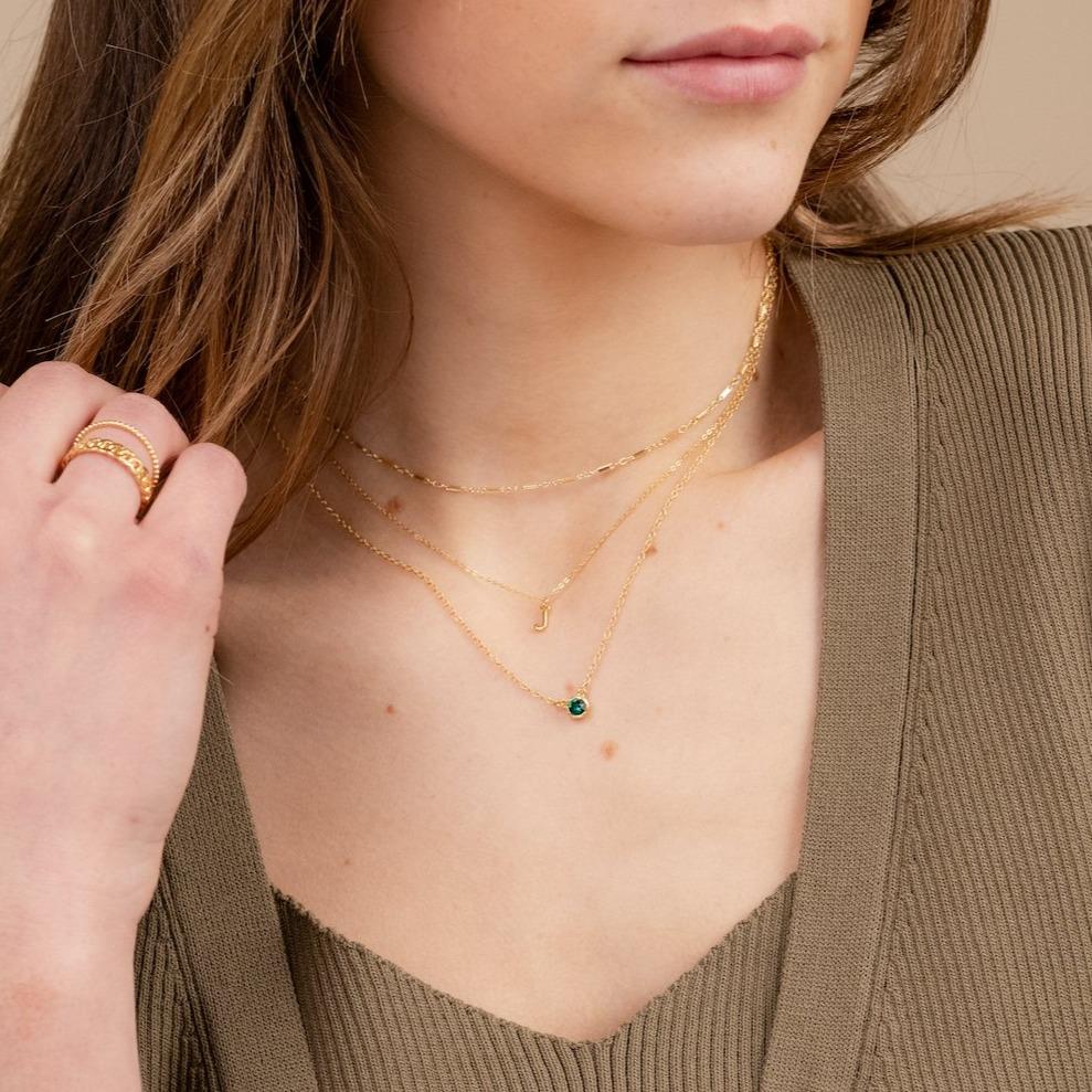 Birthstone Necklace layered with Initial Necklace and Linked Choker Necklace handmade in America by Katie Dean Jewelry