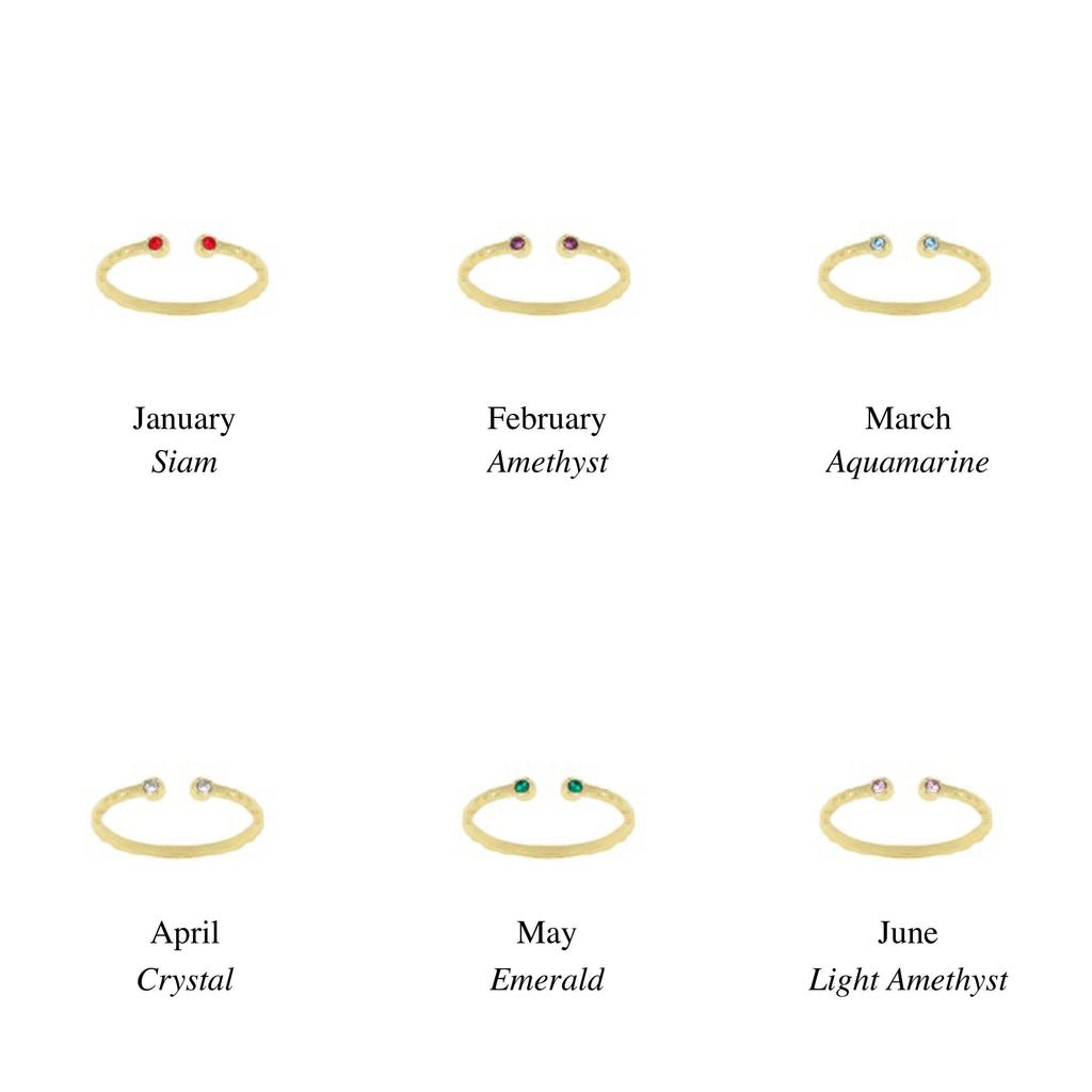 Birthstone Ring Chart, January, February, March, April, May, June. Handmade by Katie Dean Jewelry in California. Perfect for ring stacking.