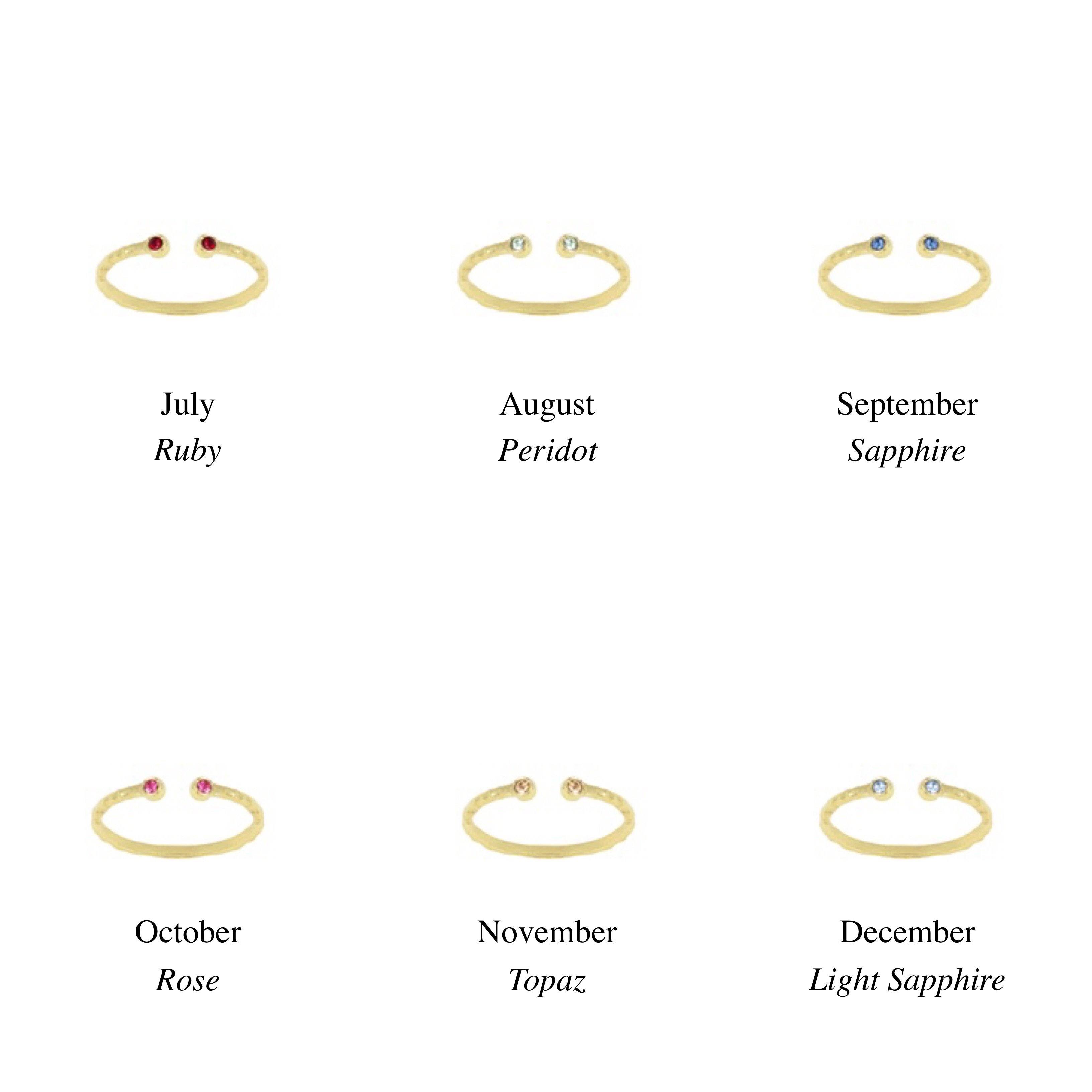 Birthstone Ring Chart, July, August, September, October, November, December. Handmade by Katie Dean Jewelry in California. Perfect for ring stacking.