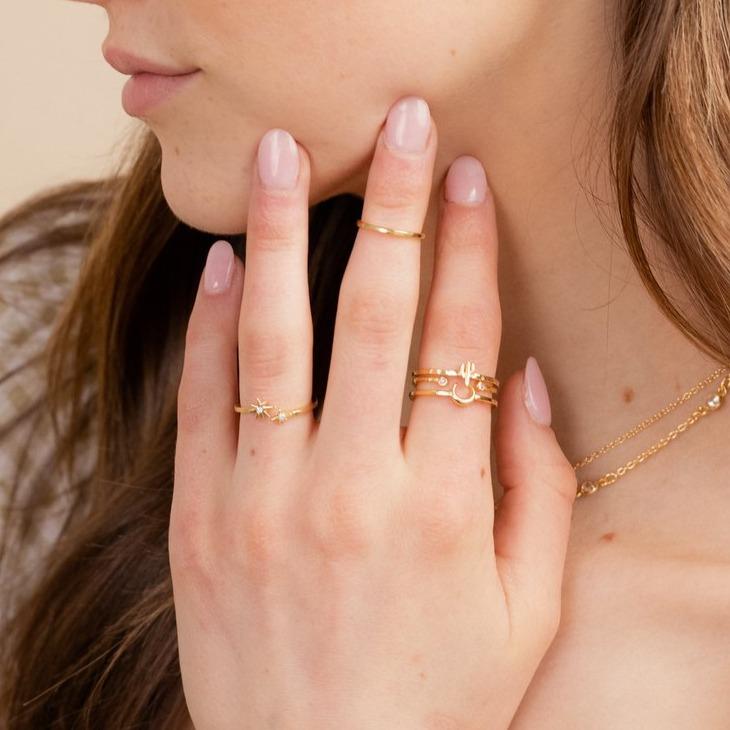 Model wearing dainty gold Cactus Ring, Birthstone Ring, Moon Ring, Little Dipper Ring, Hammered Band Ring, Katie Dean Jewelry