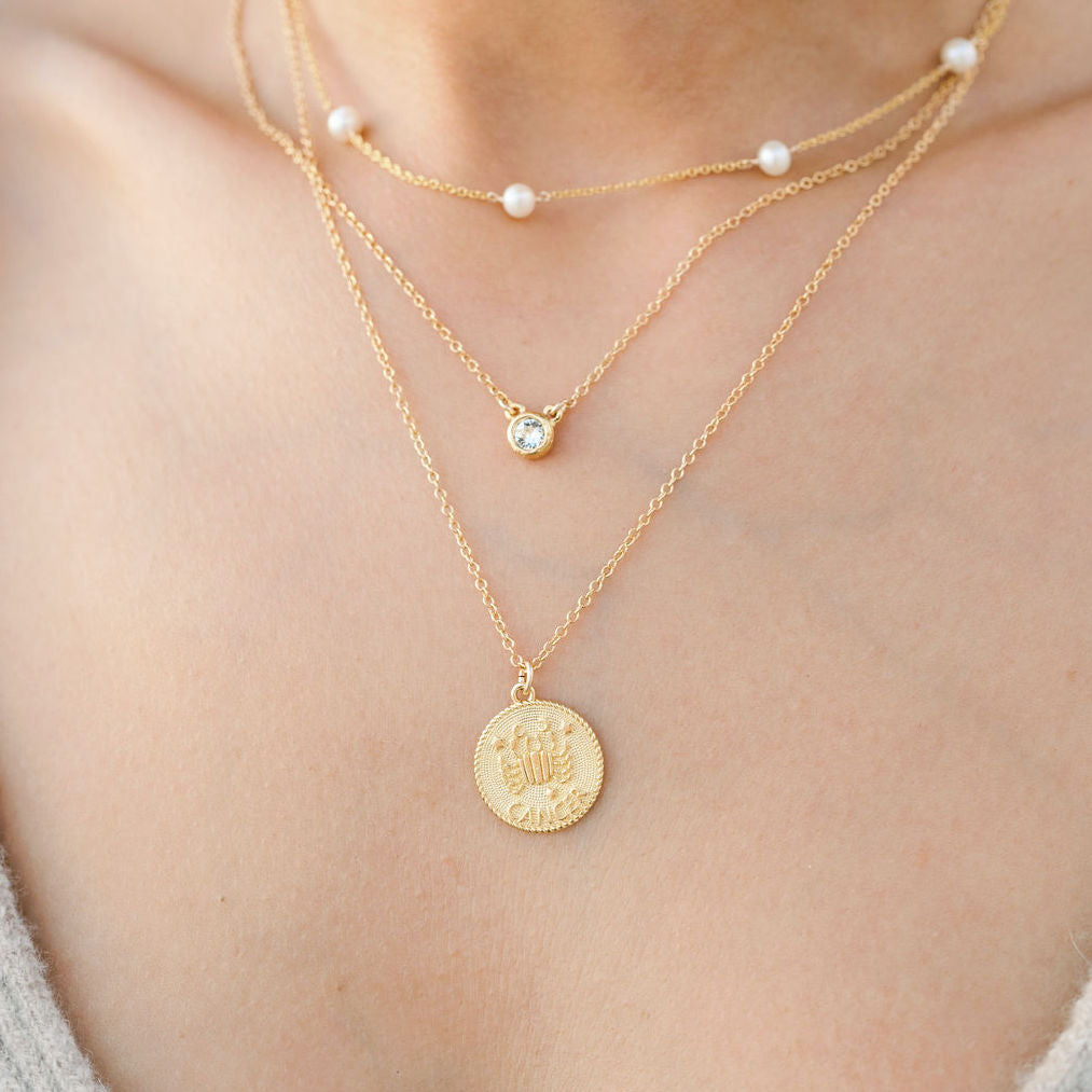 Cancer Zodiac Necklace_June 21-July 22_horoscope sign_dainty handmade necklaces by Katie Dean Jewelry_Pearl Necklace_April Birthstone Necklace