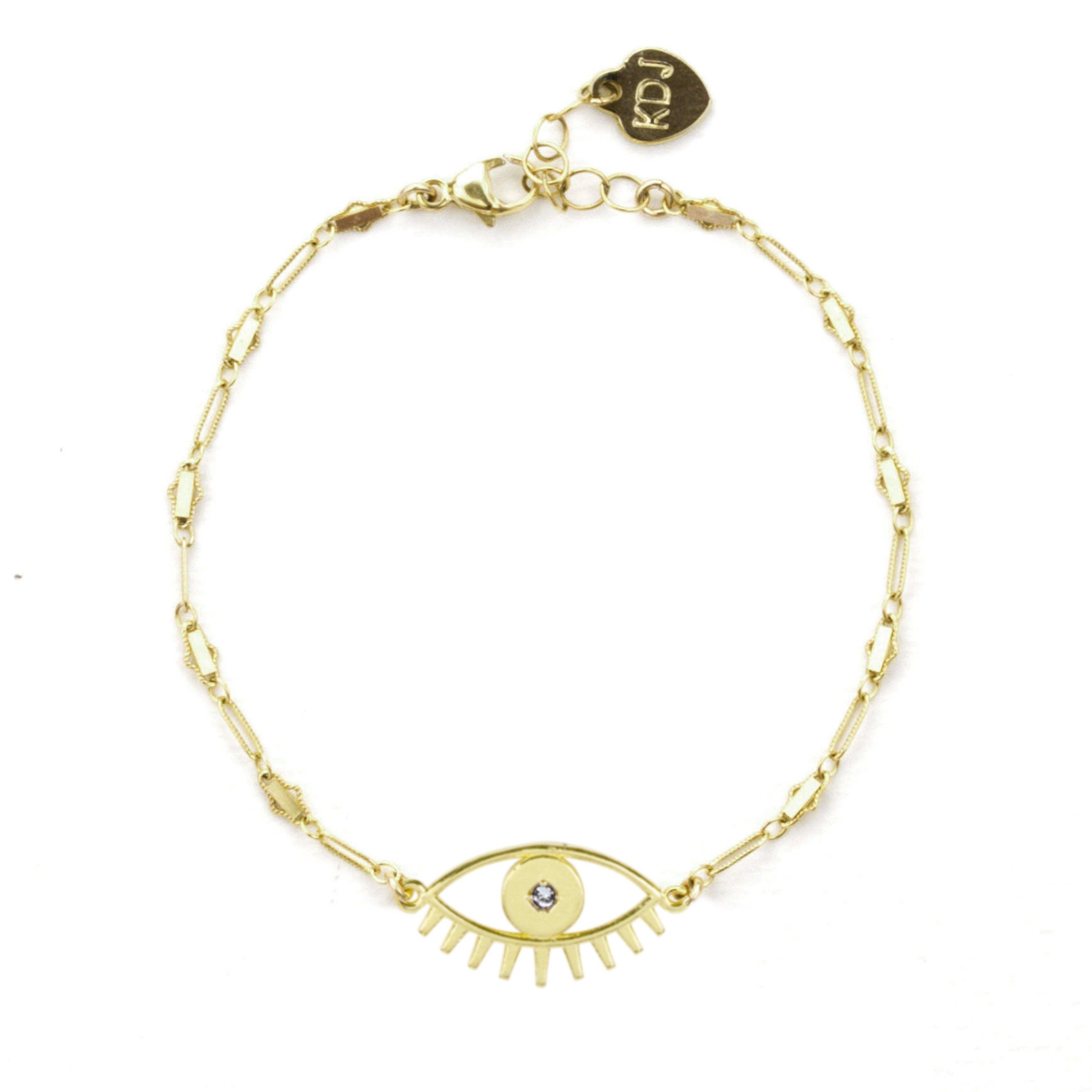 Gold Evil Eye Bracelet shown on a white background, by Katie Dean Jewelry.