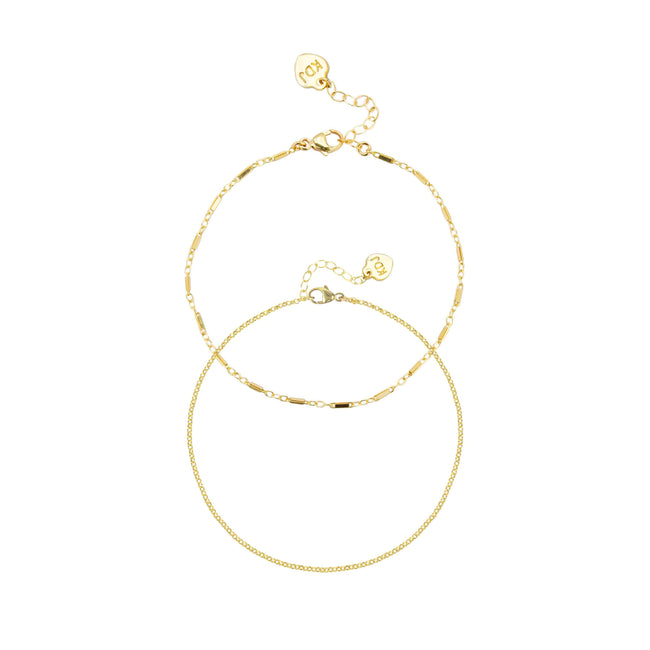 Dainty gold Everyday Anklet Set handmade by Katie Dean Jewelry in America, includes one Gold Rolo Anklet and one Linked Anklet
