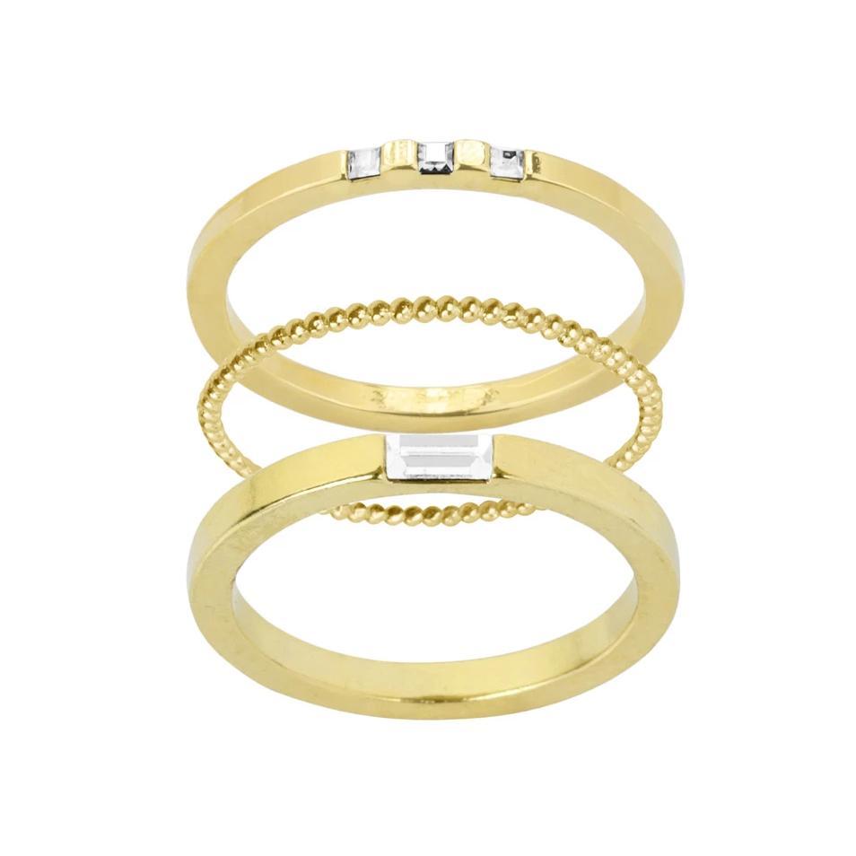 Classic, golden, timeless. We love the Golden Ring Stack stack for it's dainty sparkle. This stack includes: Baguette Ring, Beaded Ring, Three Gem Ring