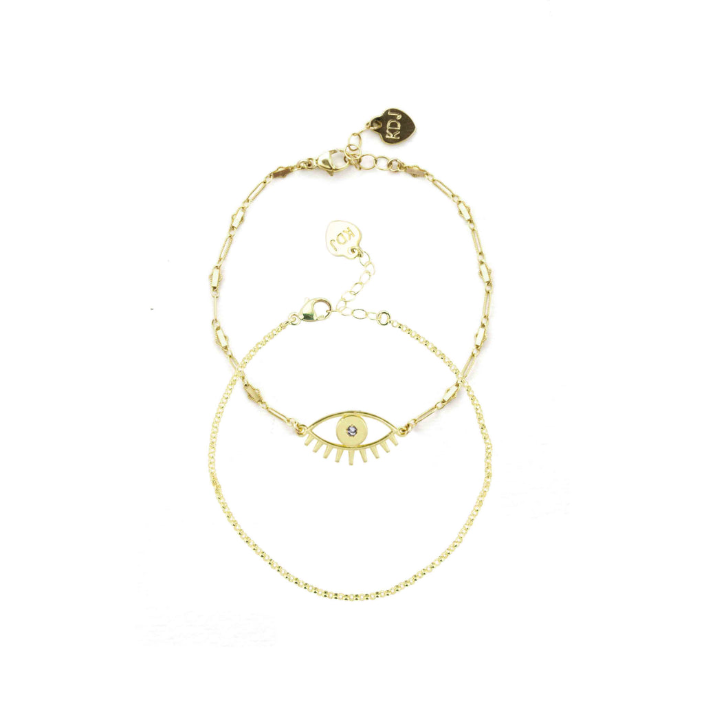 Gold Evil Eye Bracelet and chain bracelet shown against a white background, handmade in California by Katie Dean Jewelry.