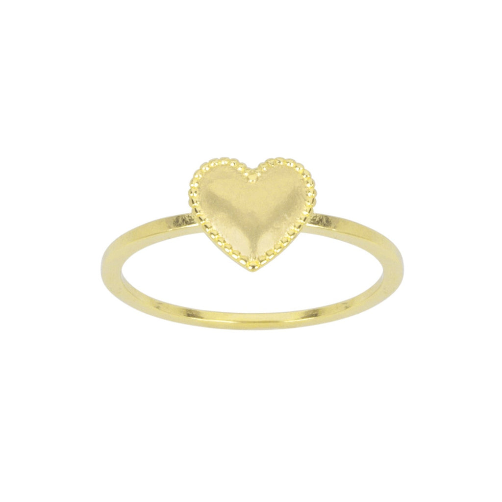 Dainty gold Heart Ring with beaded edge detail, handmade in America by Katie Dean Jewelry