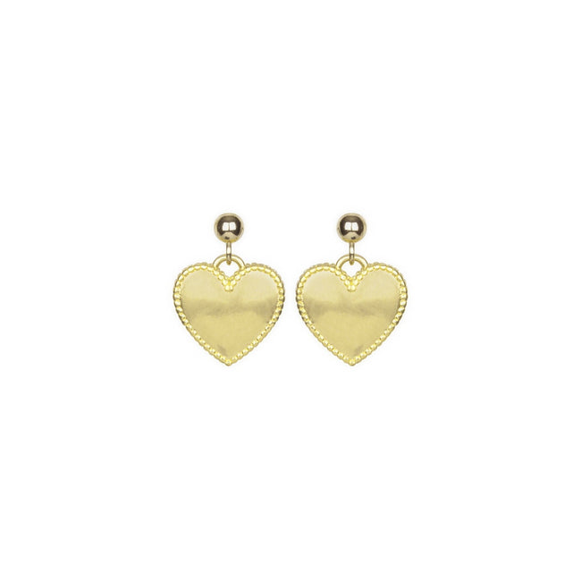 Dainty gold Heart Studs with beaded detail edge, handmade in America by Katie Dean Jewelry
